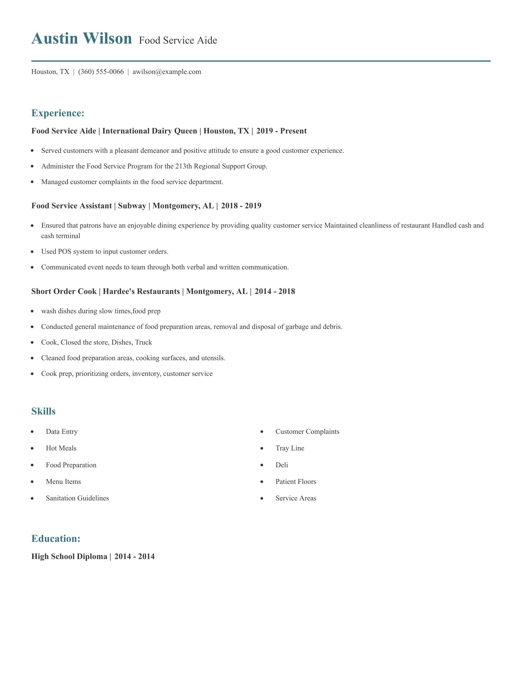 Food Service Aide resume example