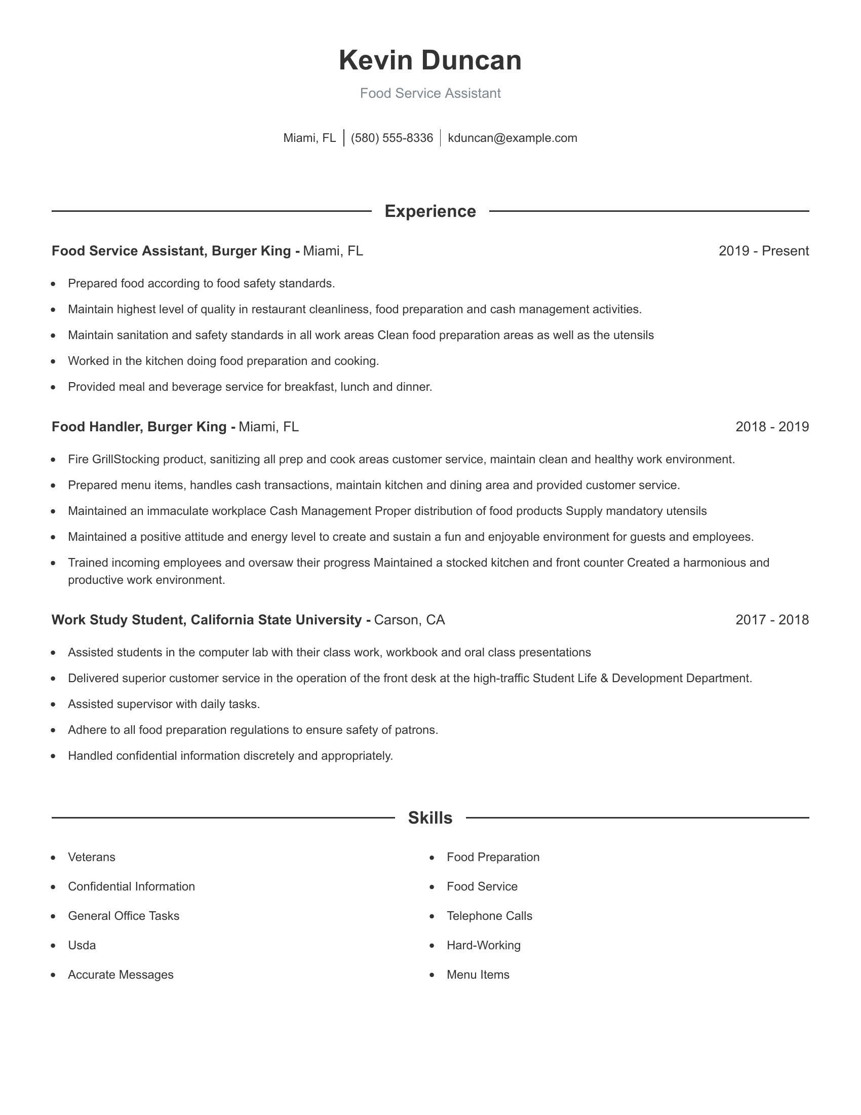 Food Service Assistant resume example