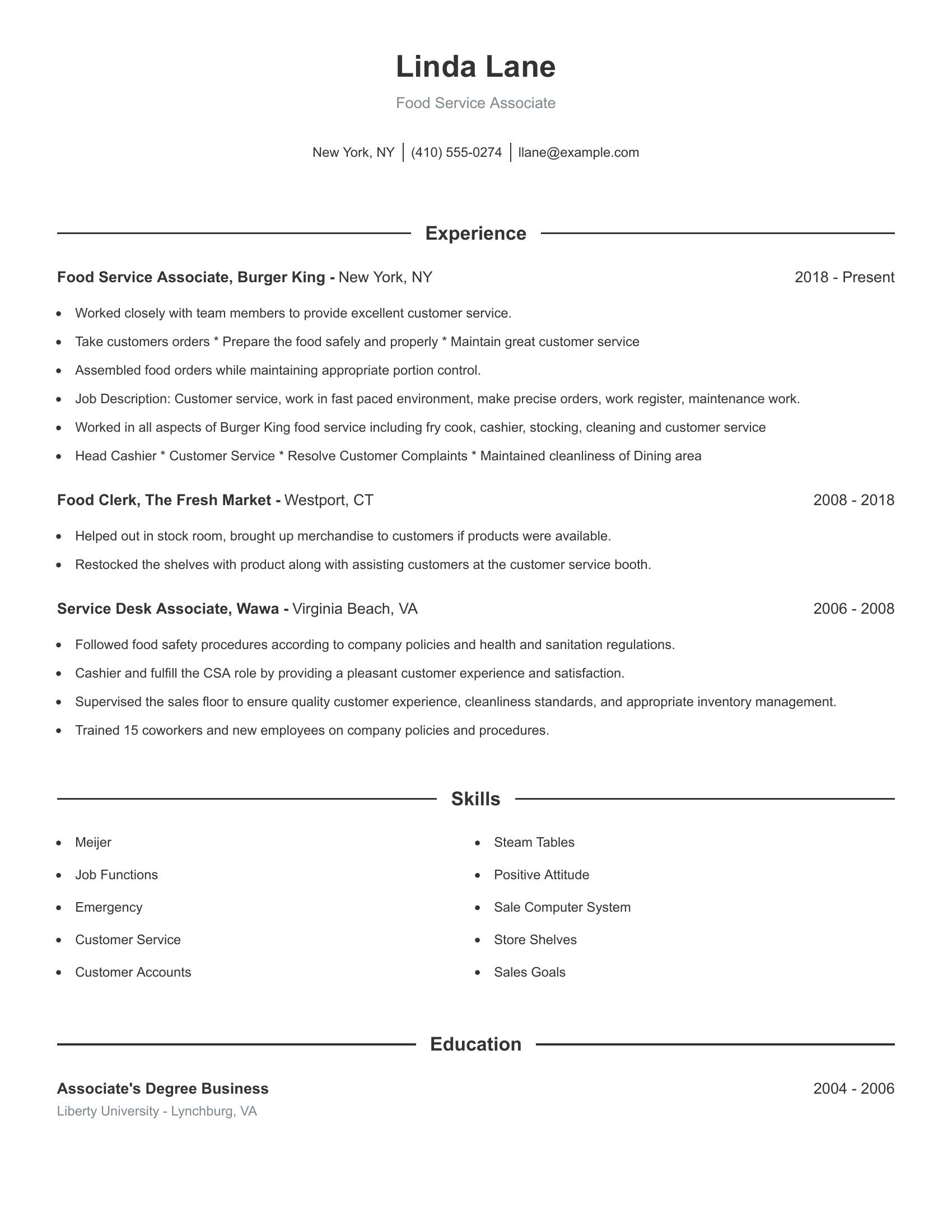 Food Service Associate resume example