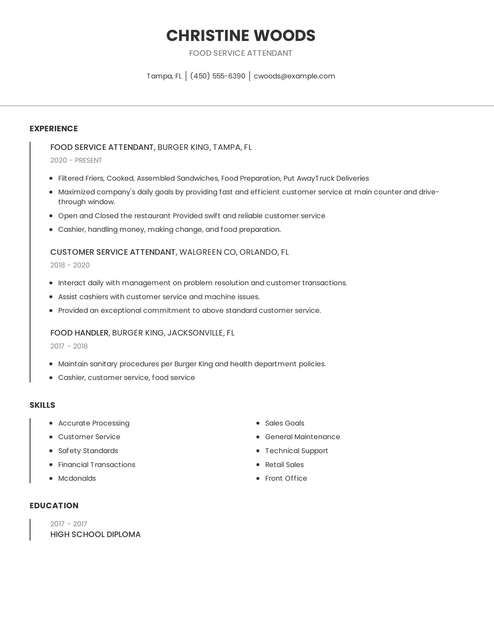 Food Service Attendant resume example