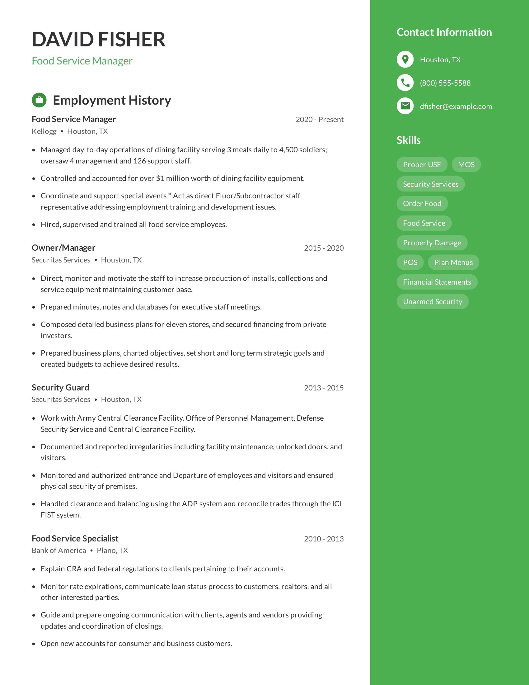 Food Service Manager resume example