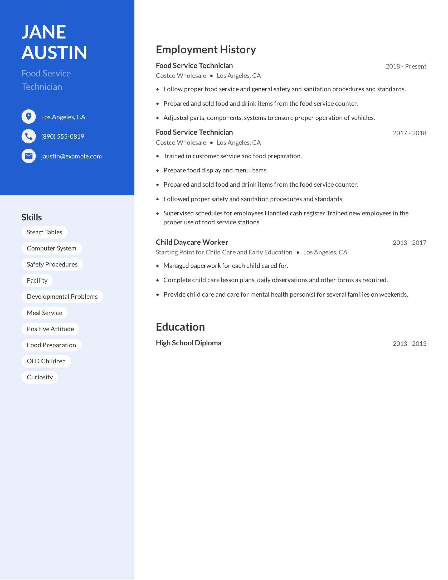 Food Service Technician resume example