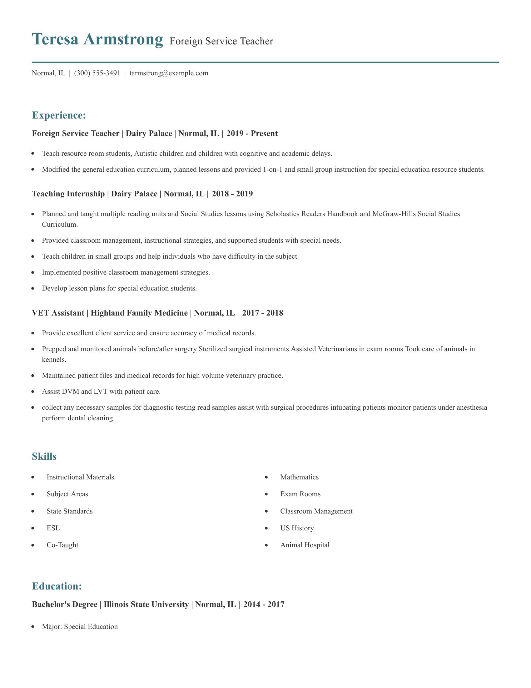 Foreign Service Teacher resume example