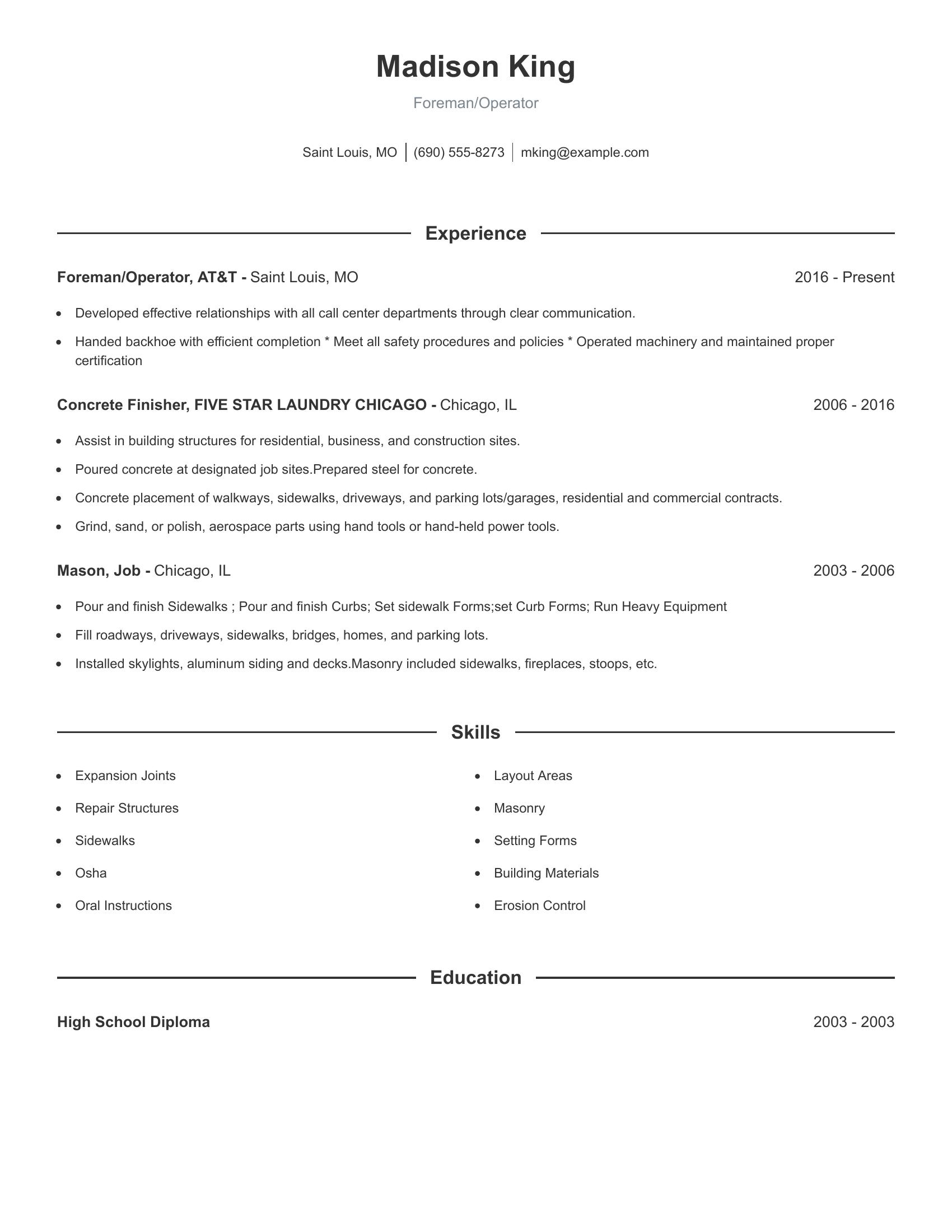 Foreman/Operator resume example