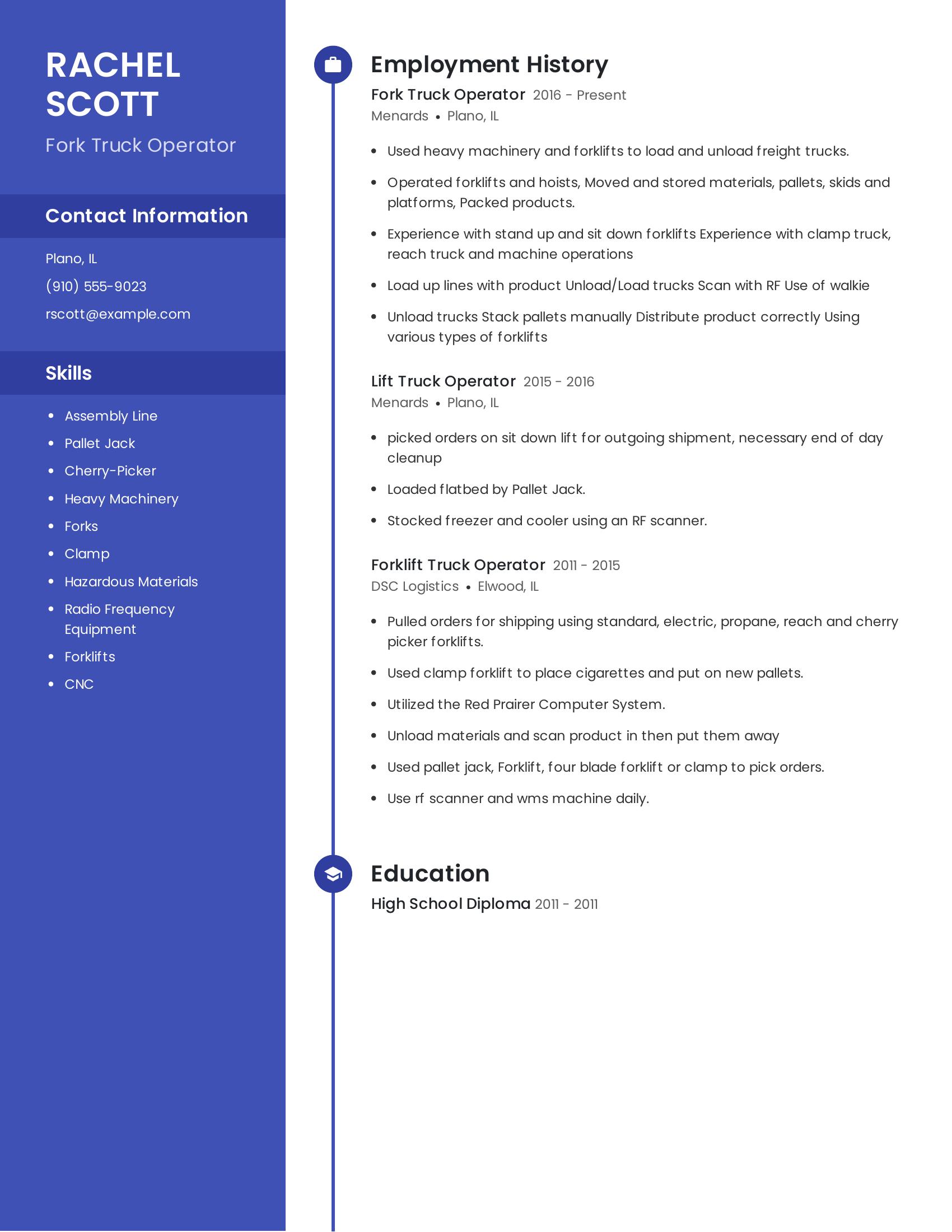 Fork Truck Operator resume example