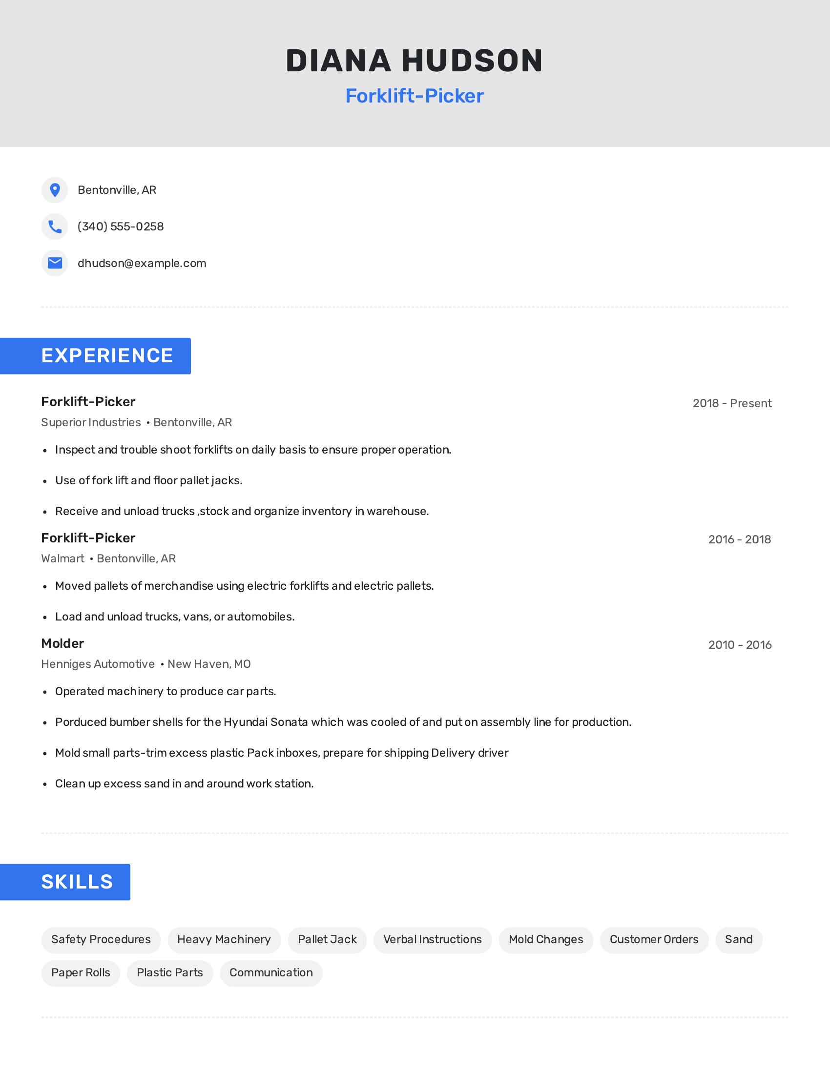 Forklift-Picker resume example