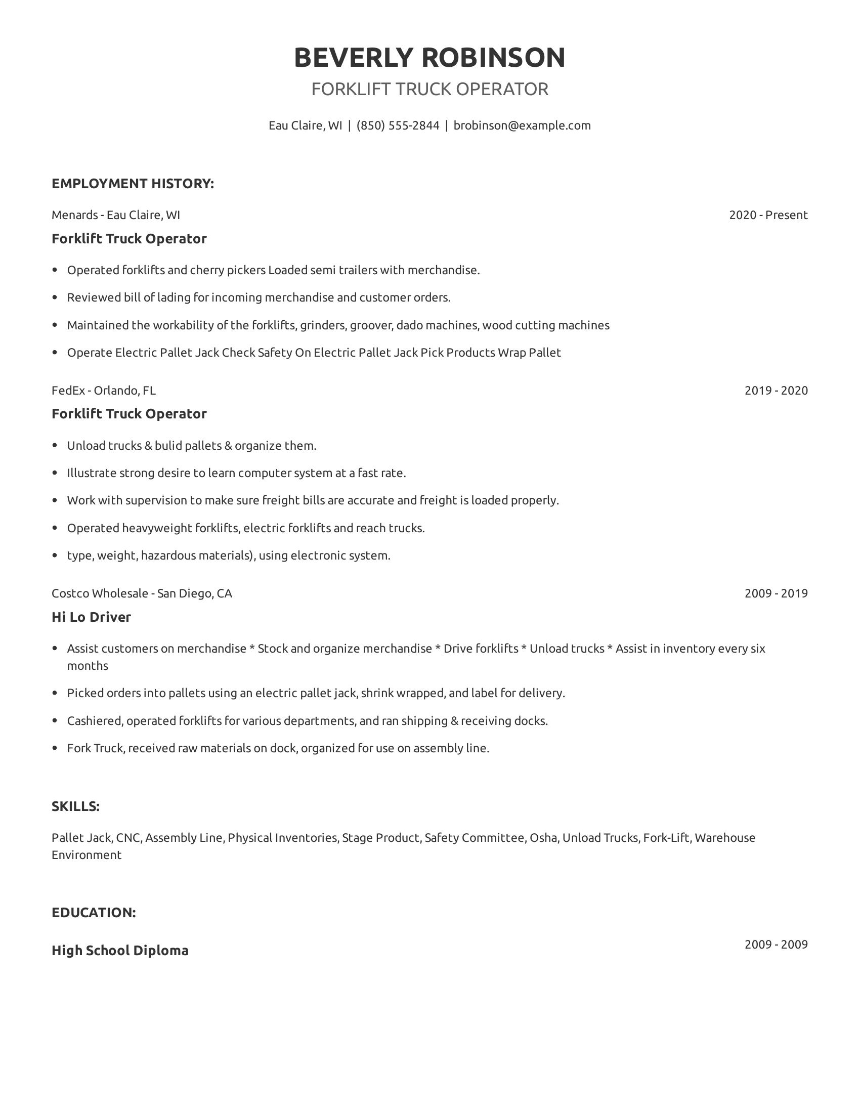 Forklift Truck Operator resume example