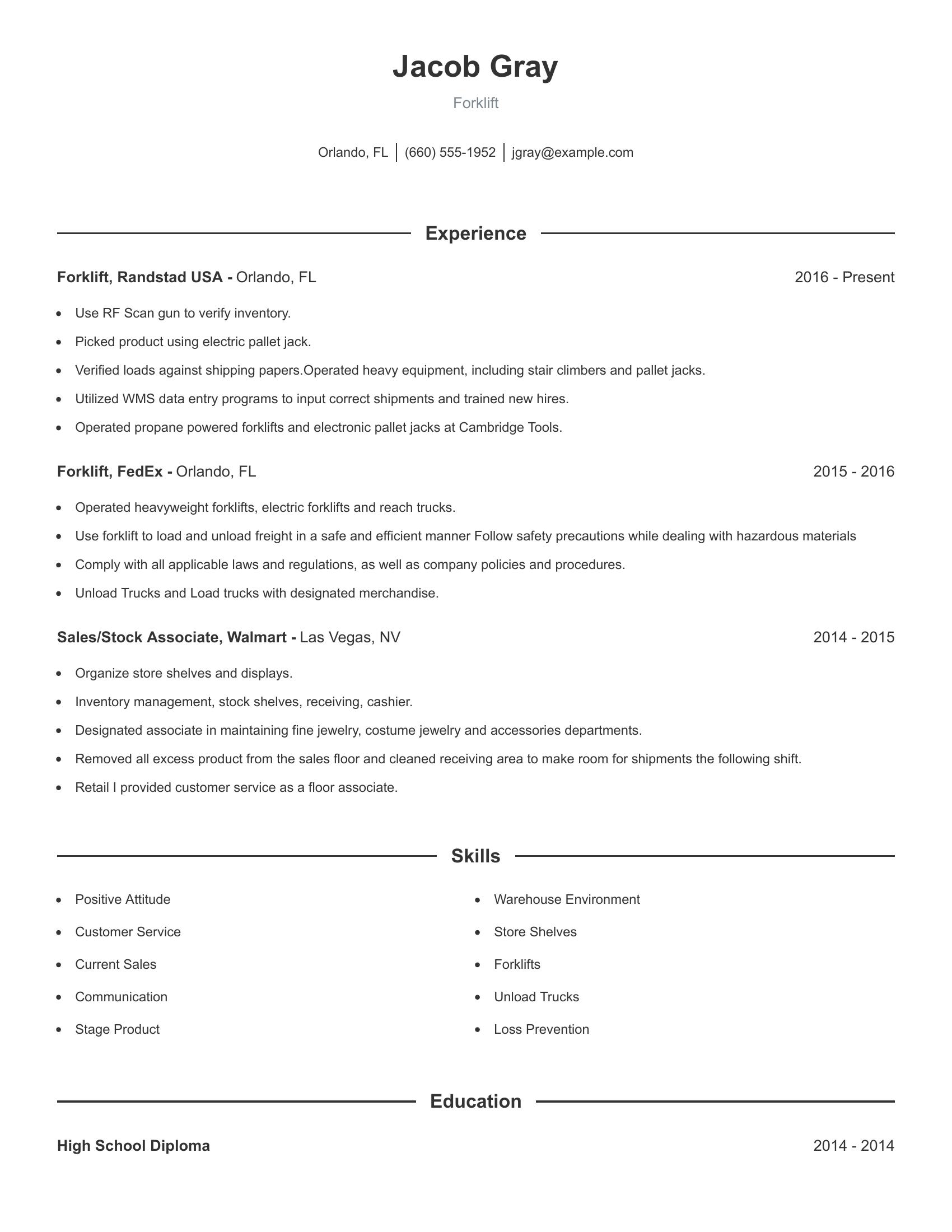 Forklift resume example