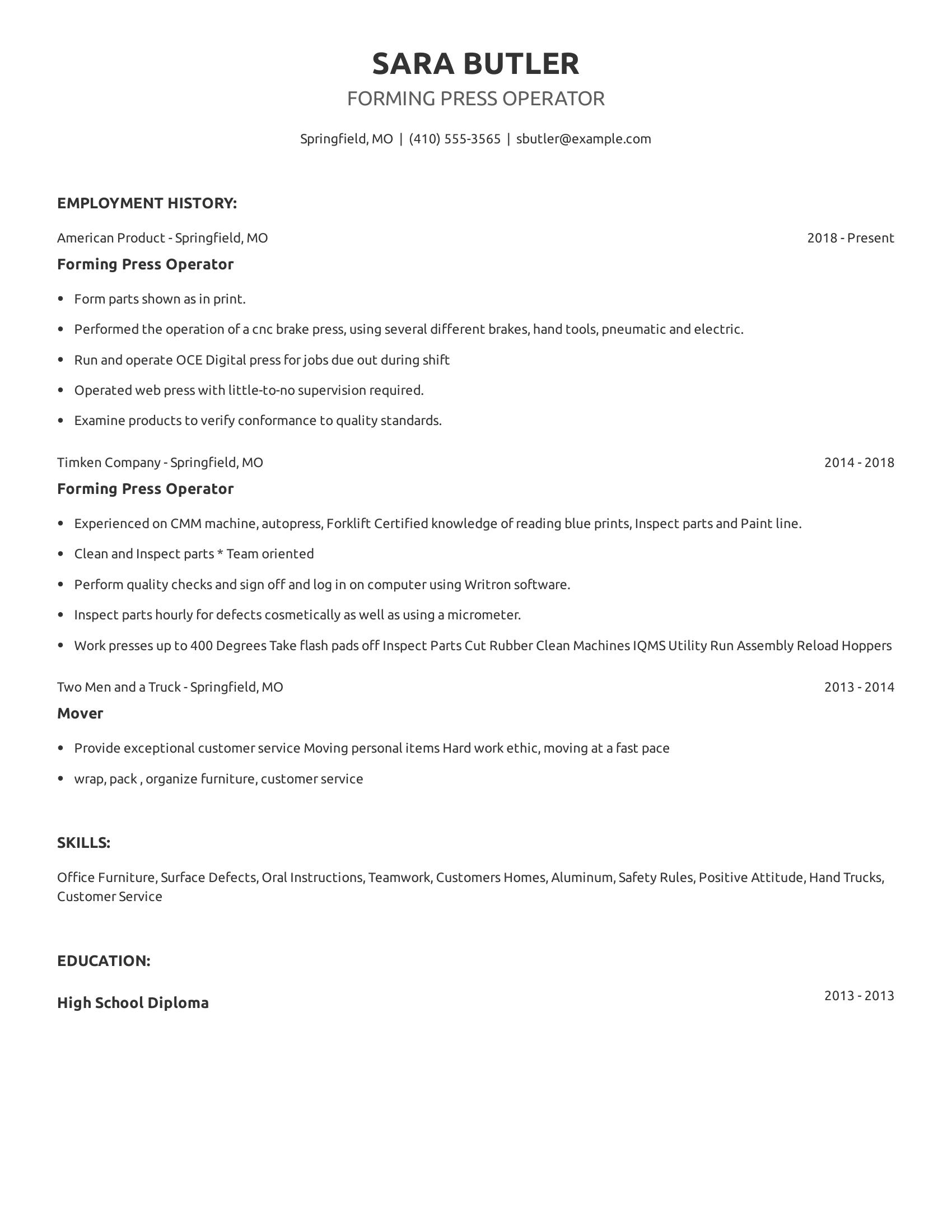 Forming Press Operator resume example