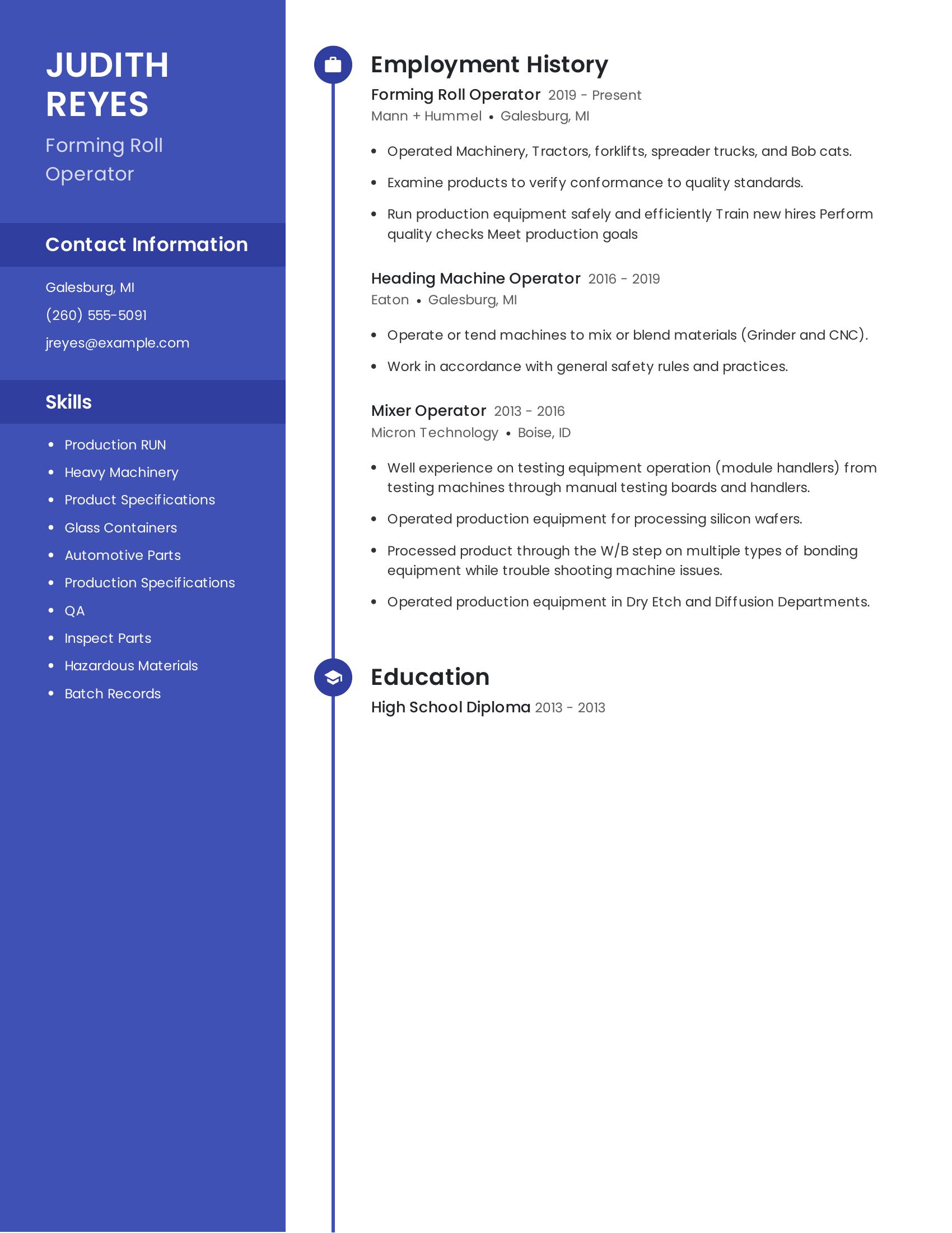 Forming Roll Operator resume example