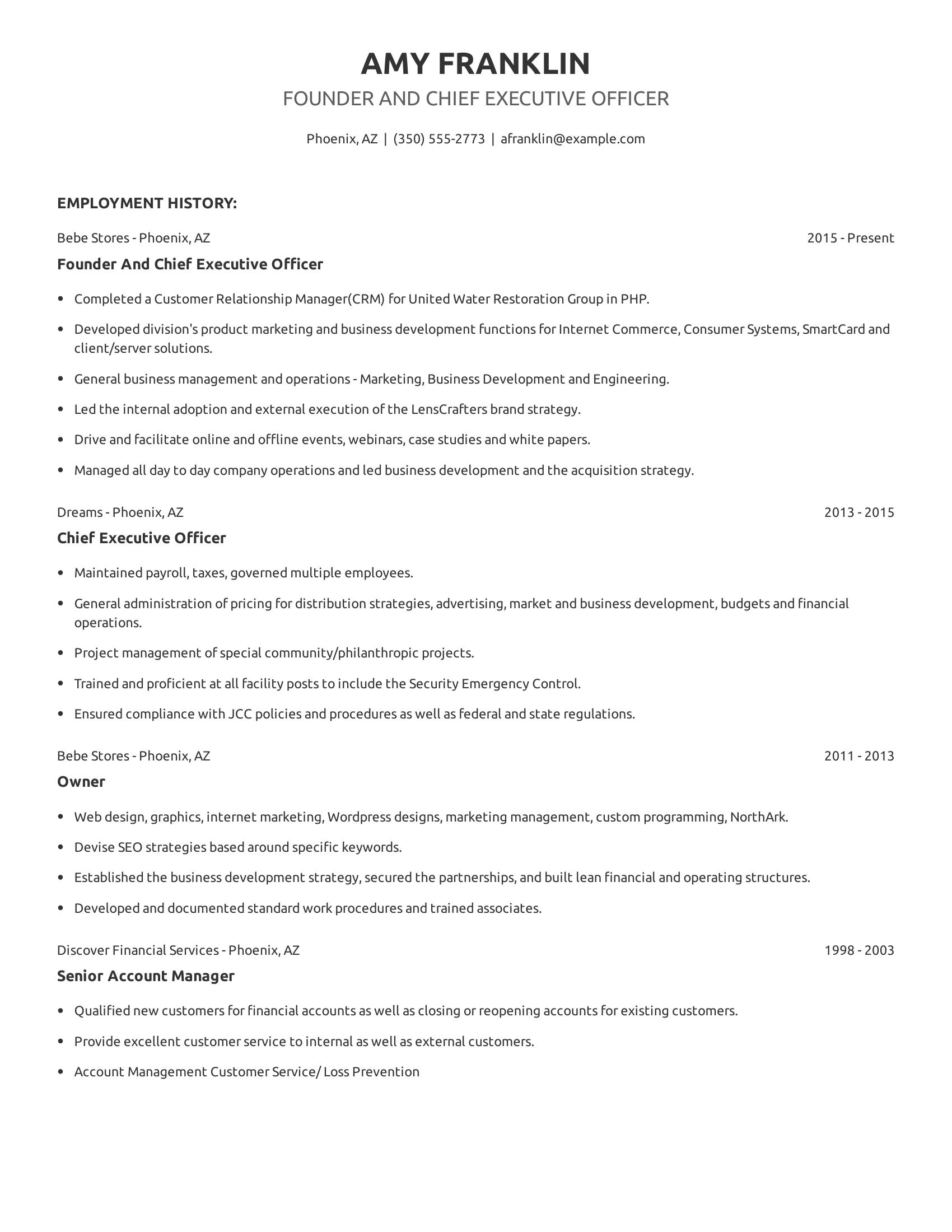 Founder And Chief Executive Officer resume example