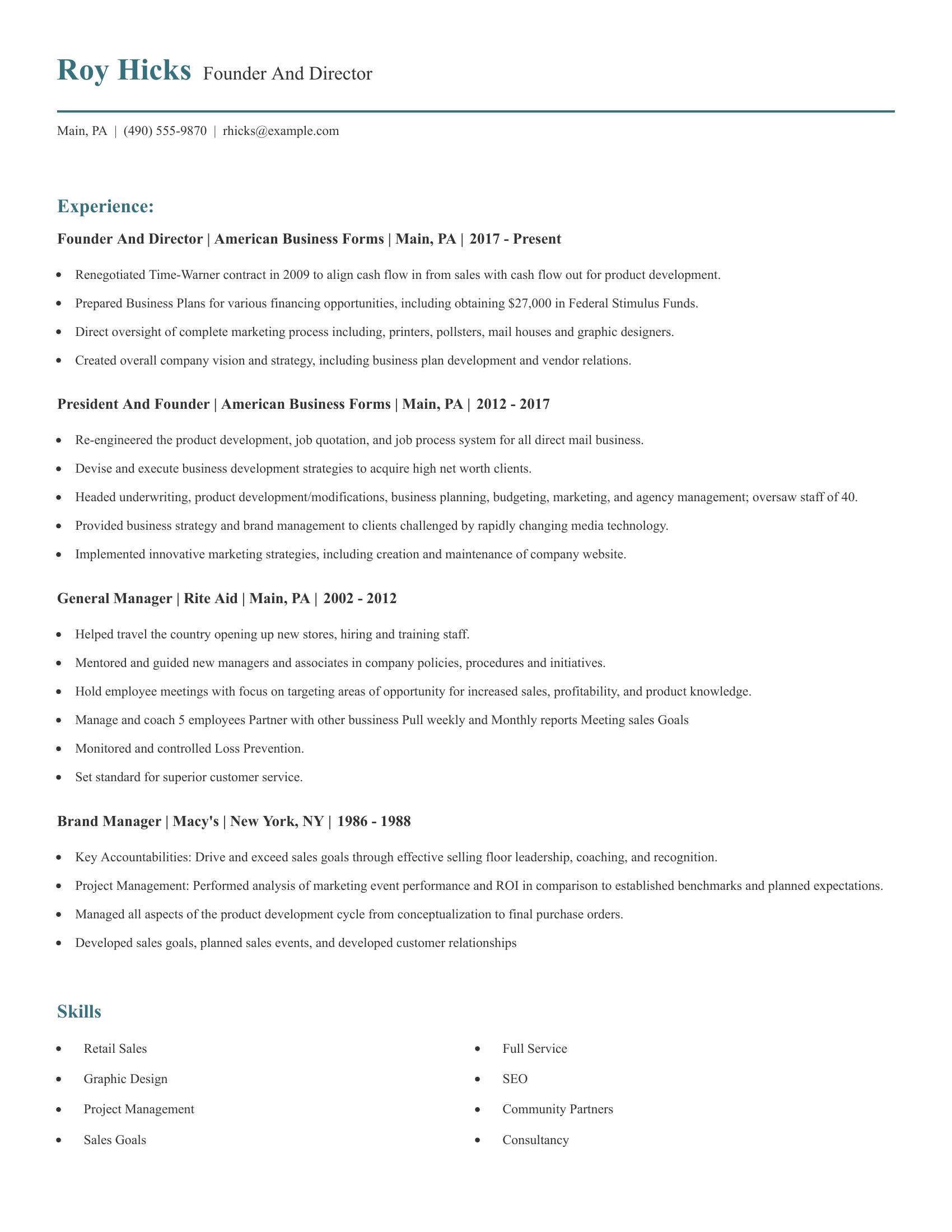 Founder And Director resume example