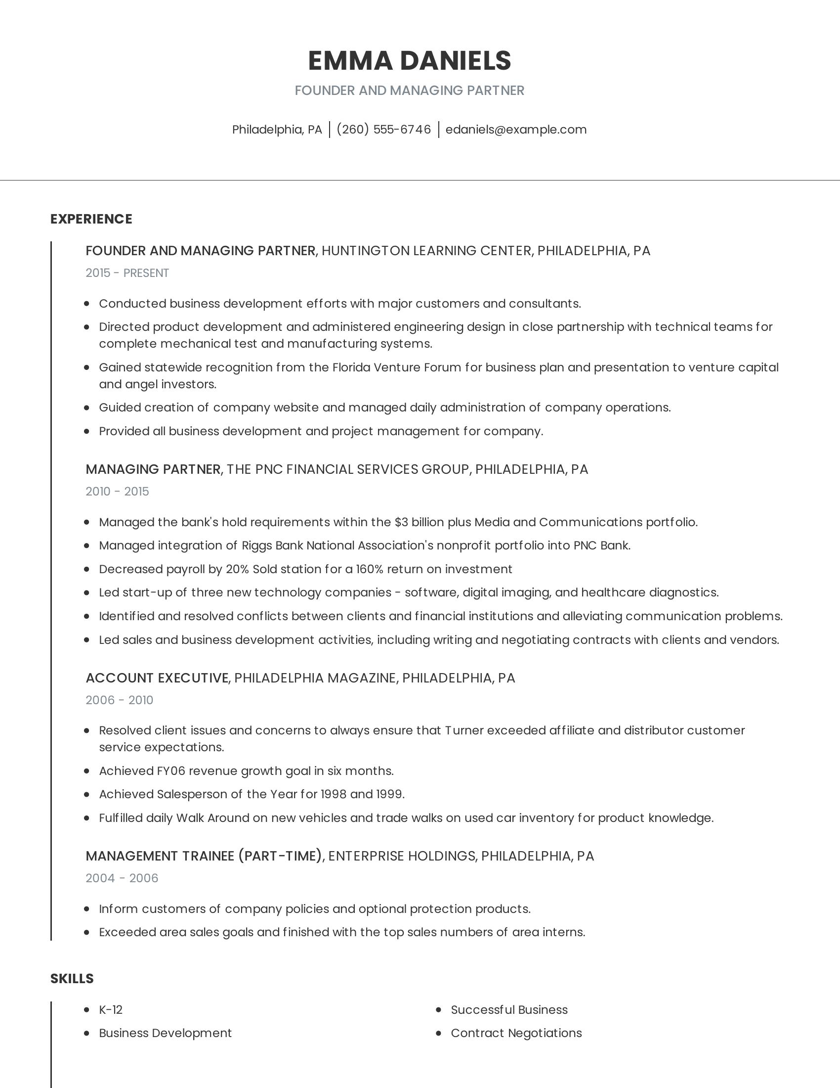 Founder And Managing Partner resume example