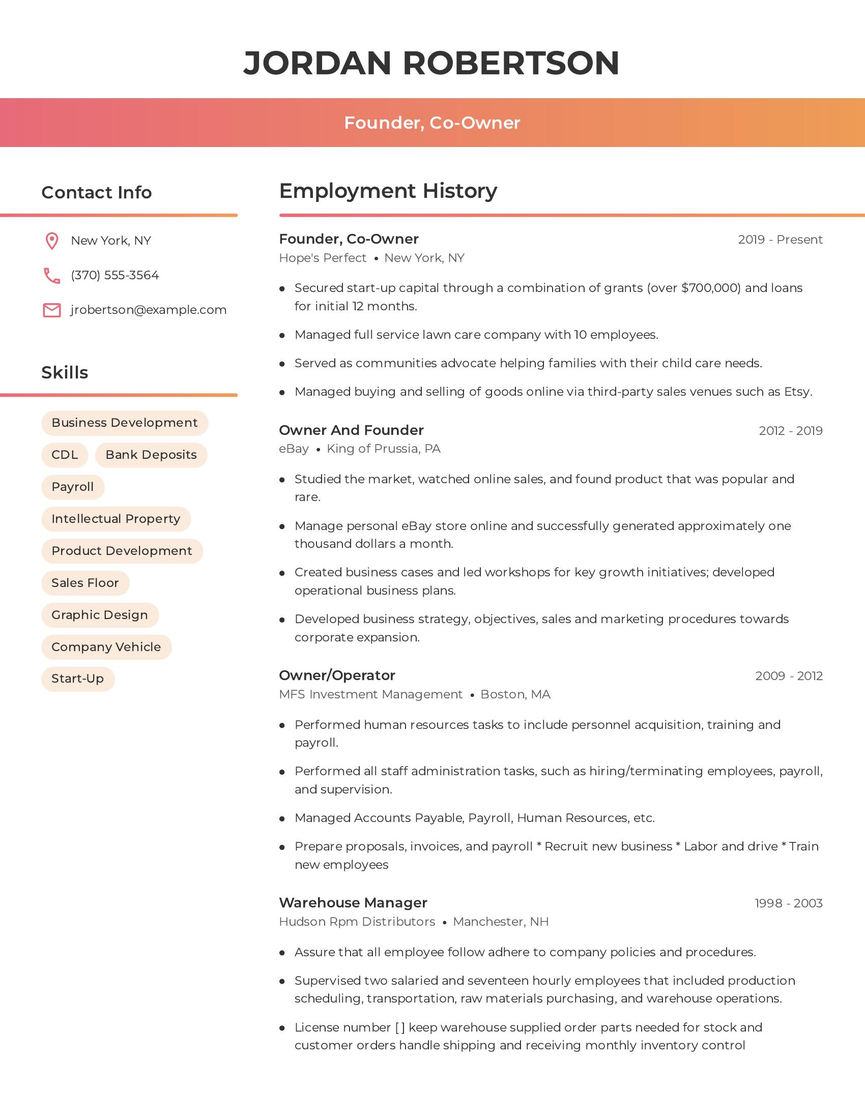 Founder, Co-Owner resume example