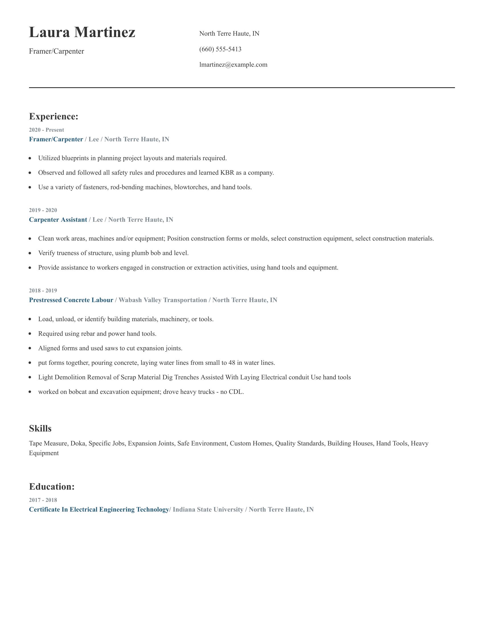 Framer/Carpenter resume example