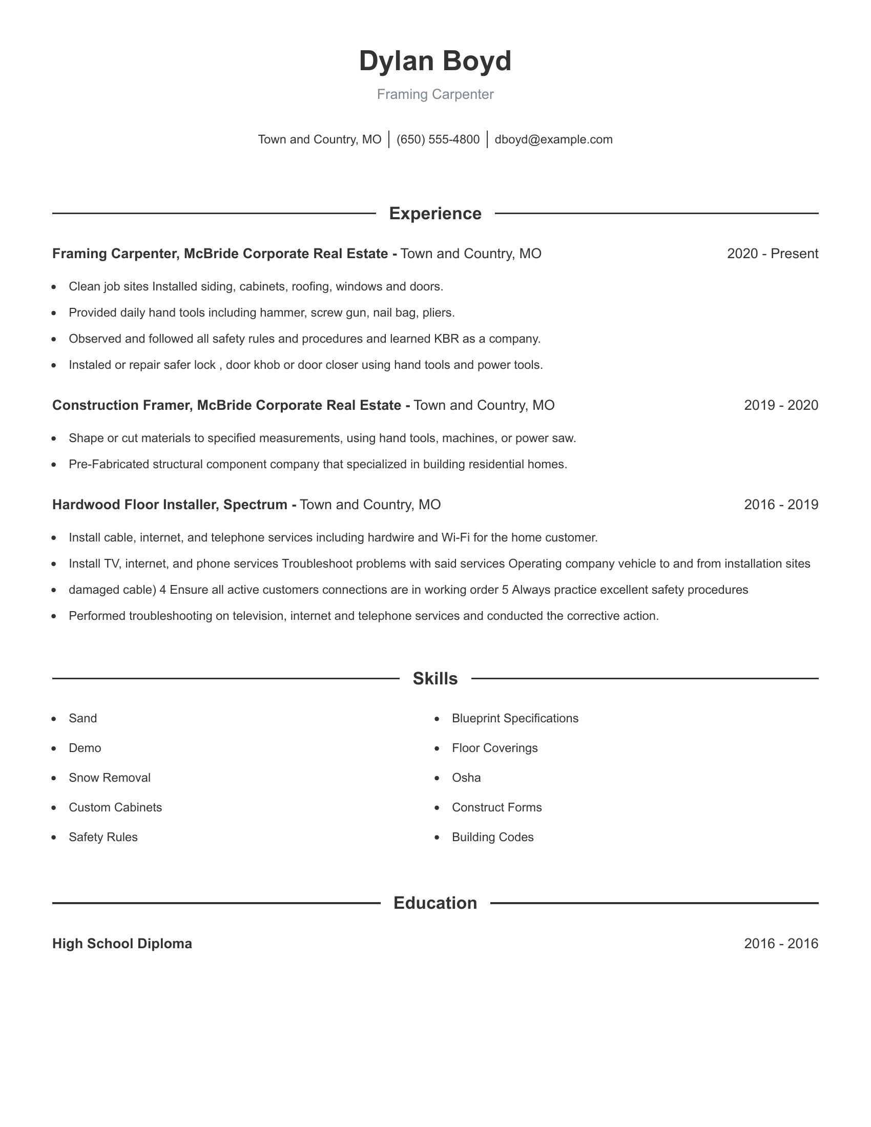 Framing Carpenter resume example