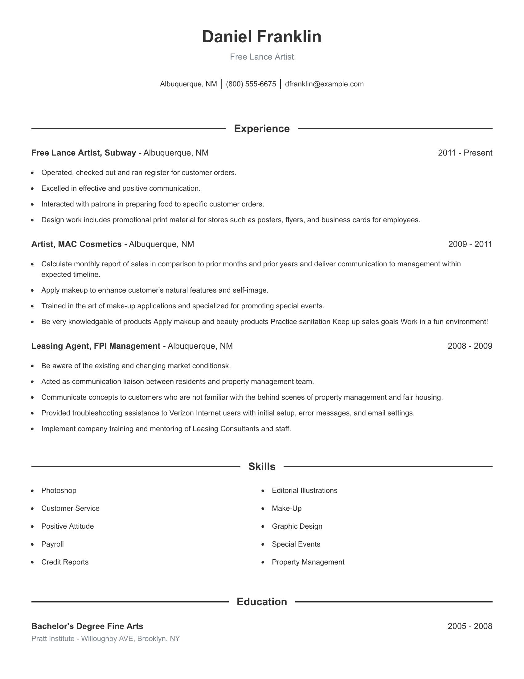 Free Lance Artist resume example