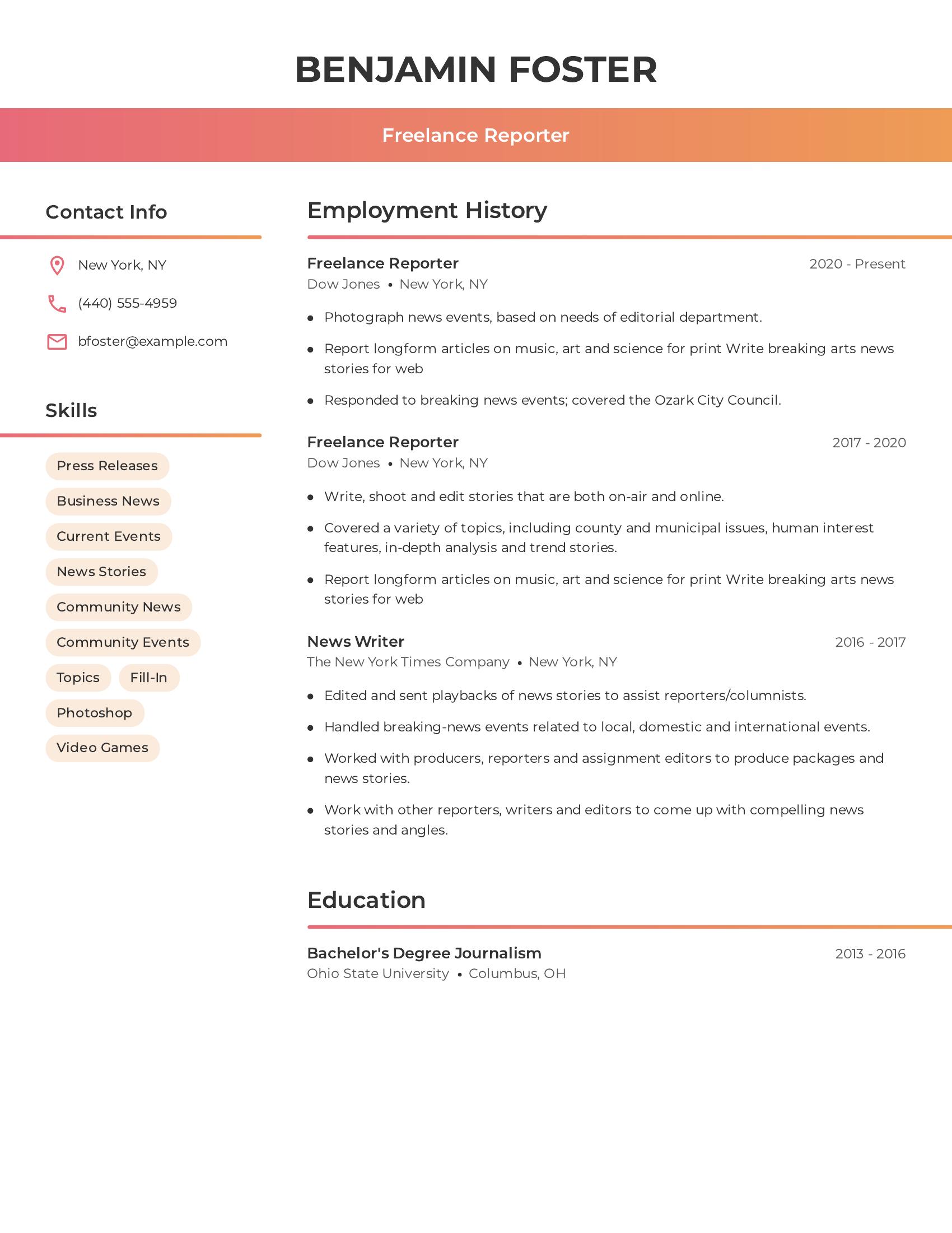 Freelance Reporter resume example