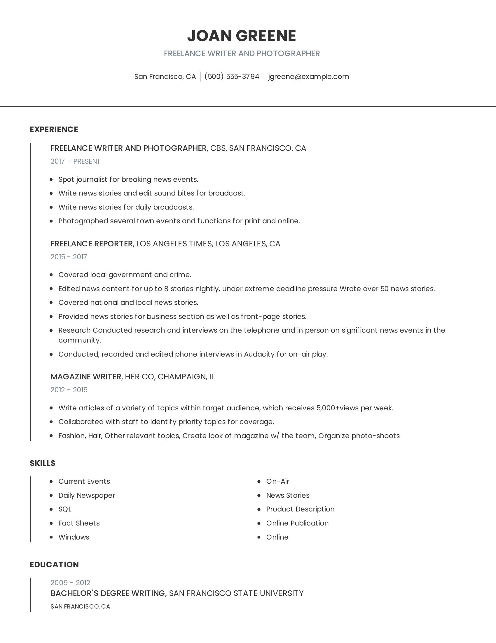 Freelance Writer And Photographer resume example