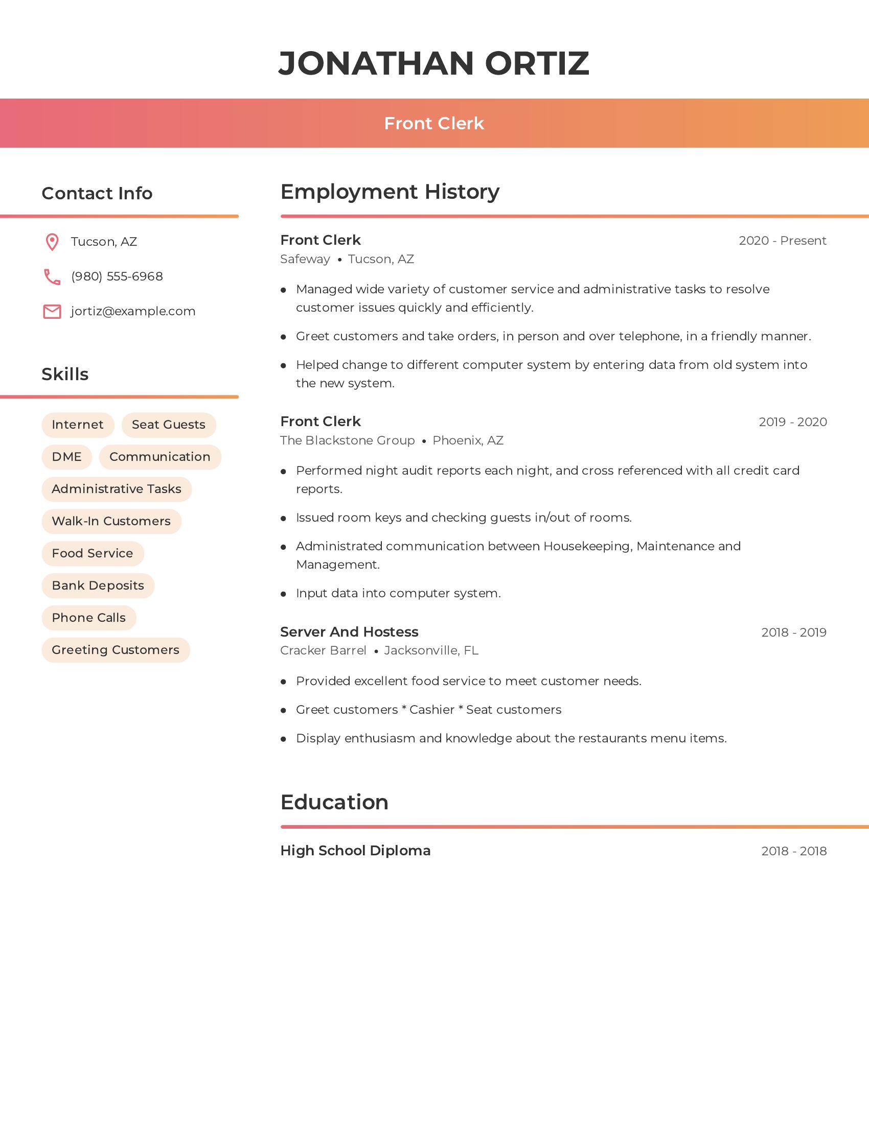 Front Clerk resume example