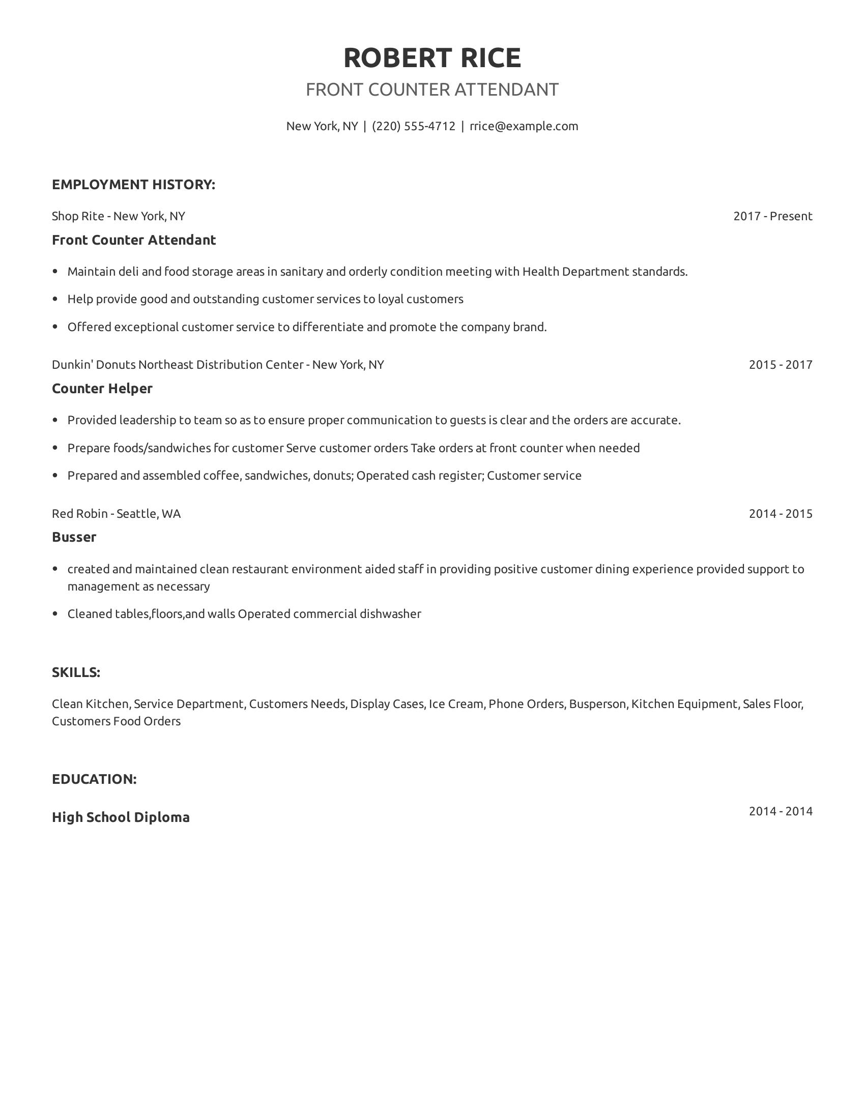 Front Counter Attendant resume example