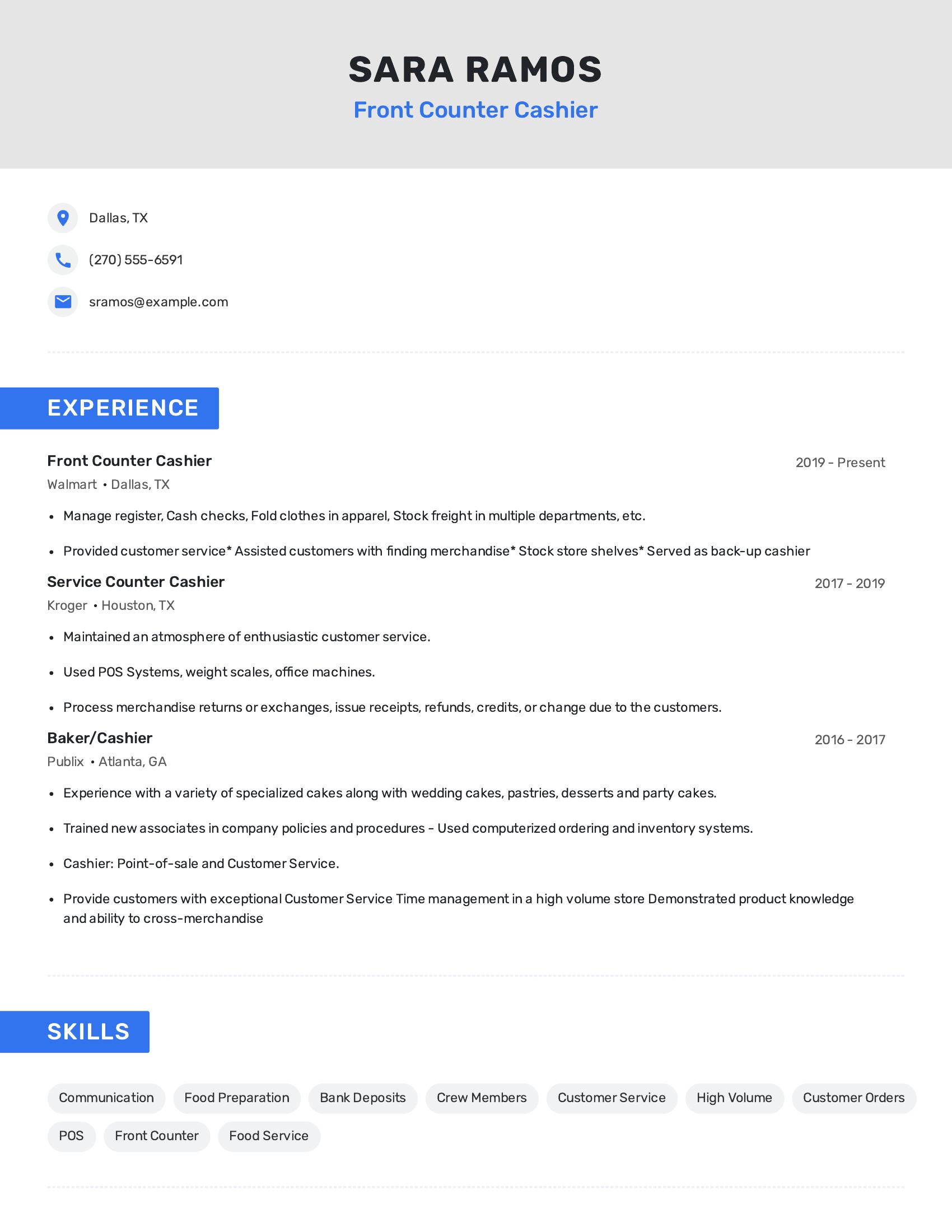 Front Counter Cashier resume example