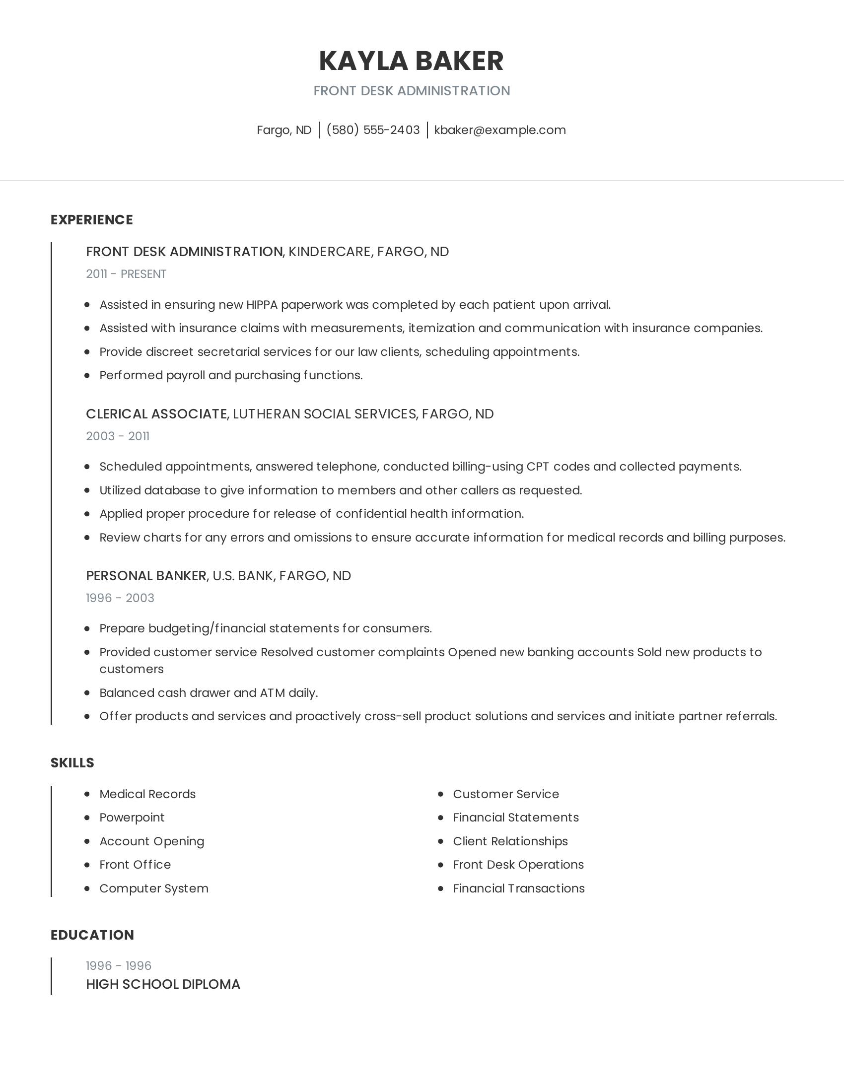 Front Desk Administration resume example