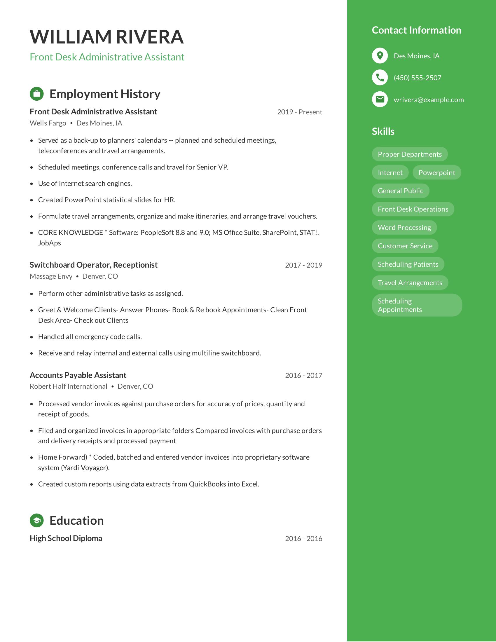 Front Desk Administrative Assistant resume example