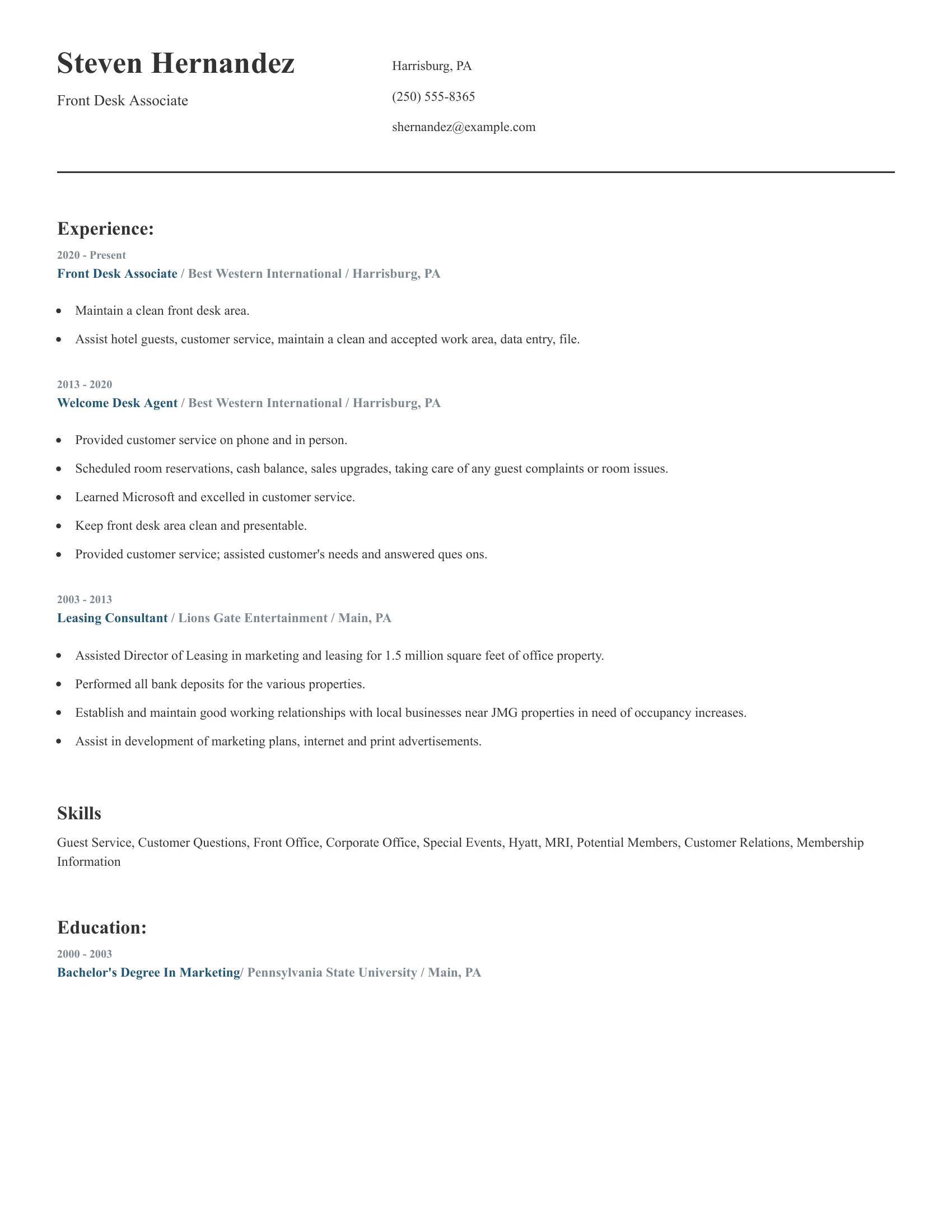 Front Desk Associate resume example