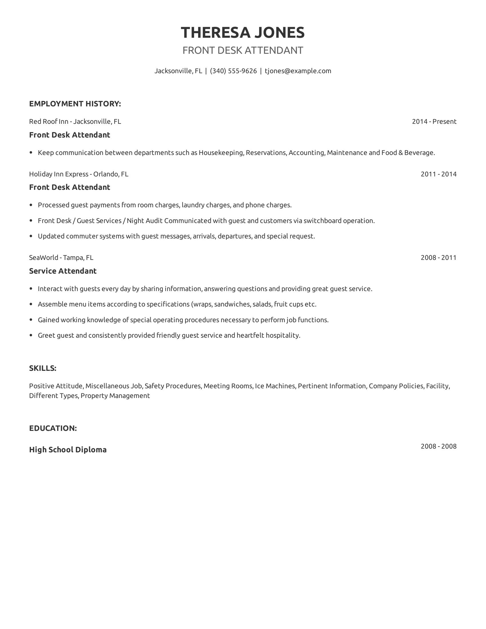 Front Desk Attendant resume example