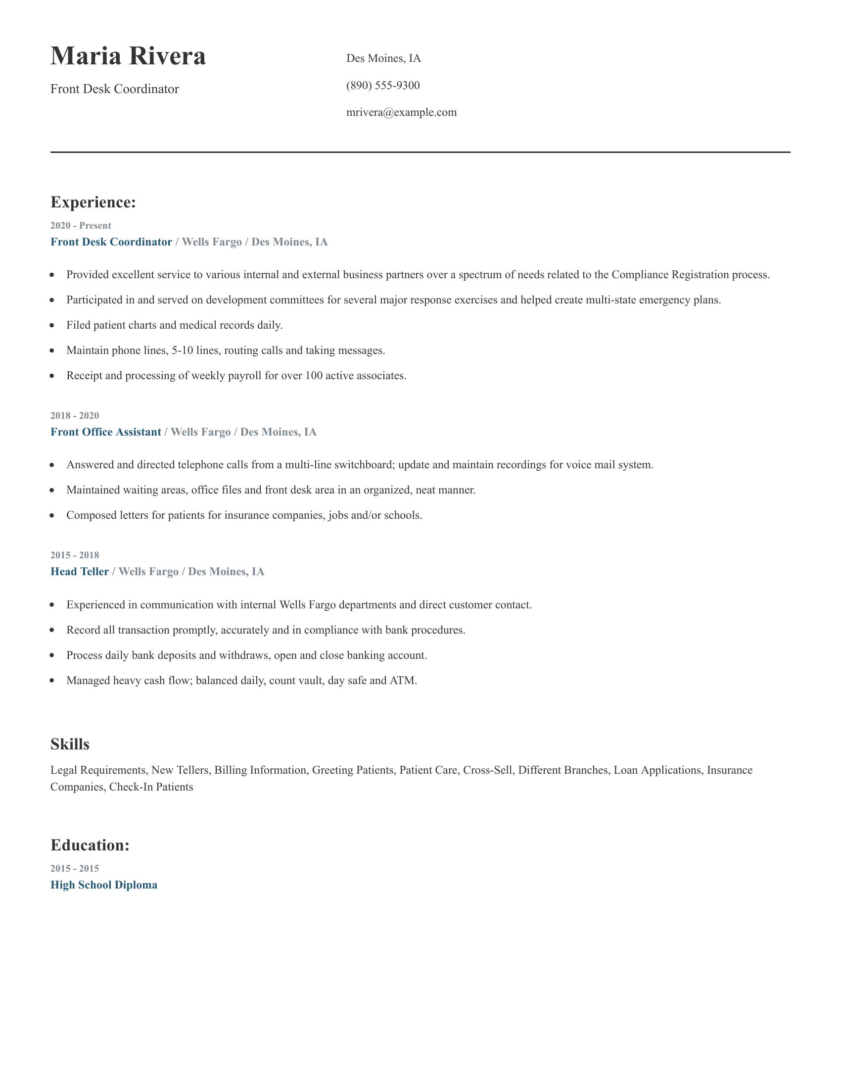 Front Desk Coordinator resume example