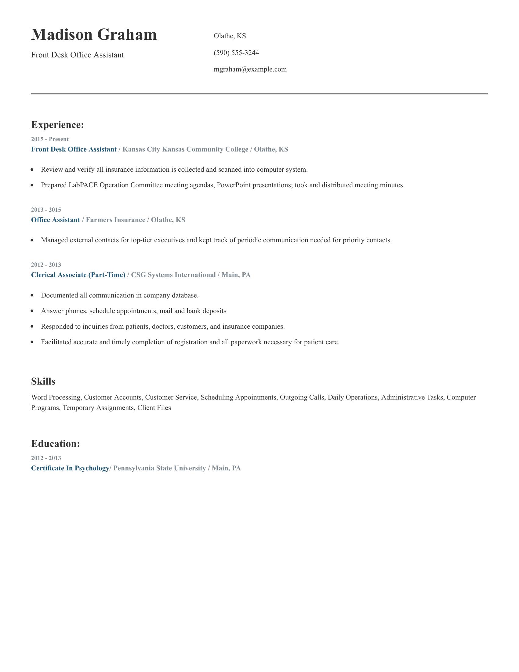 Front Desk Office Assistant resume example