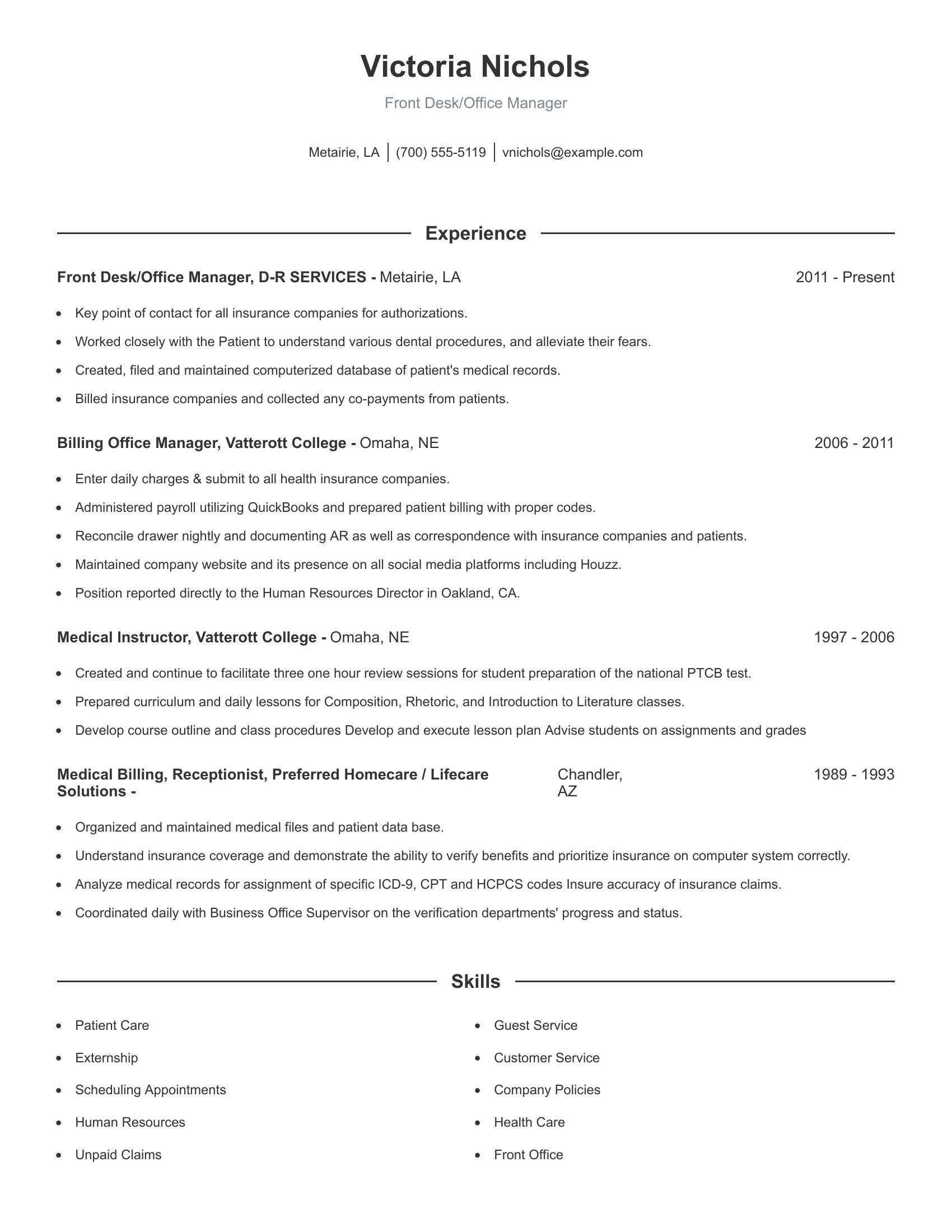 Front Desk/Office Manager resume example