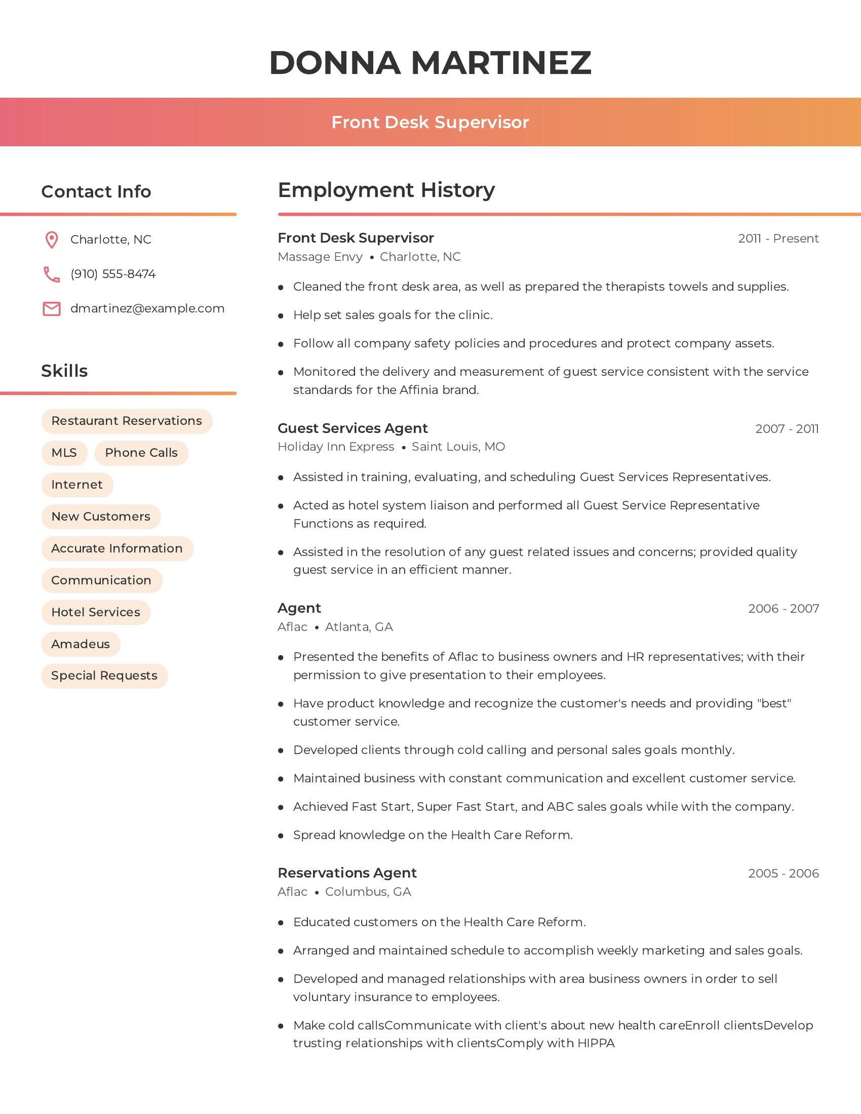 Front Desk Supervisor resume example