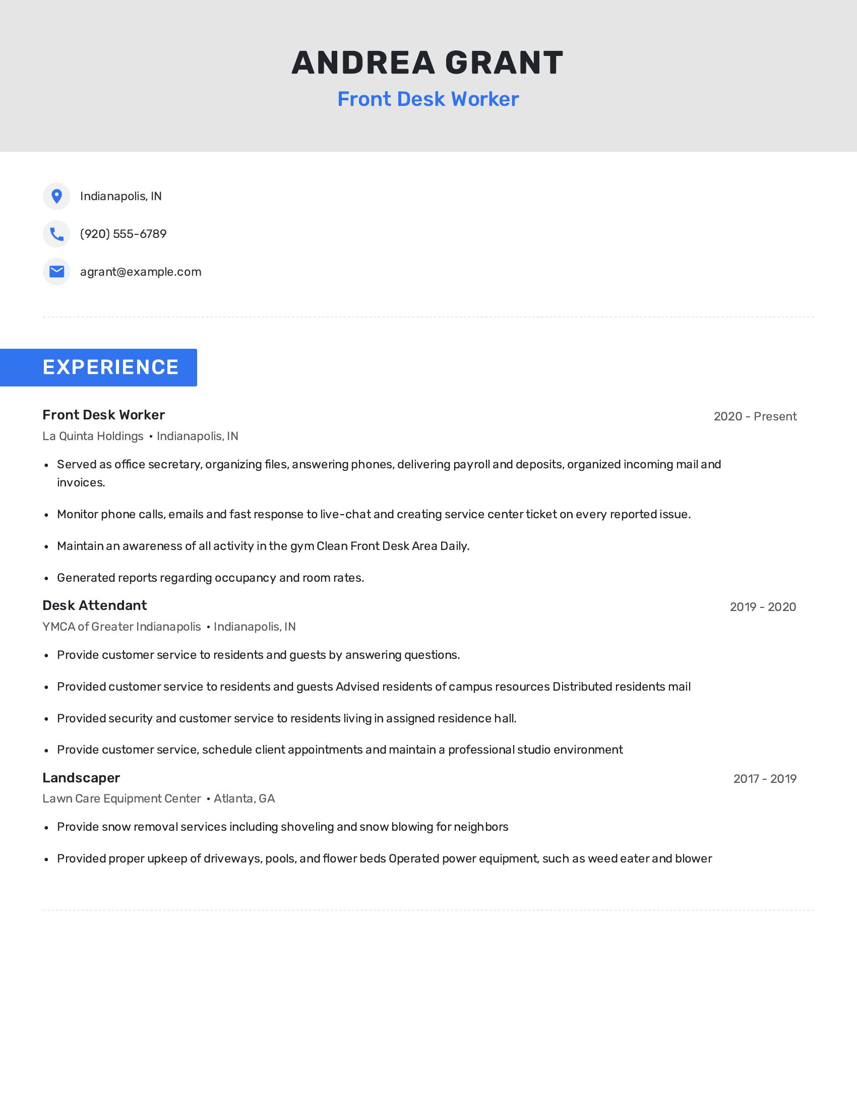 Front Desk Worker resume example