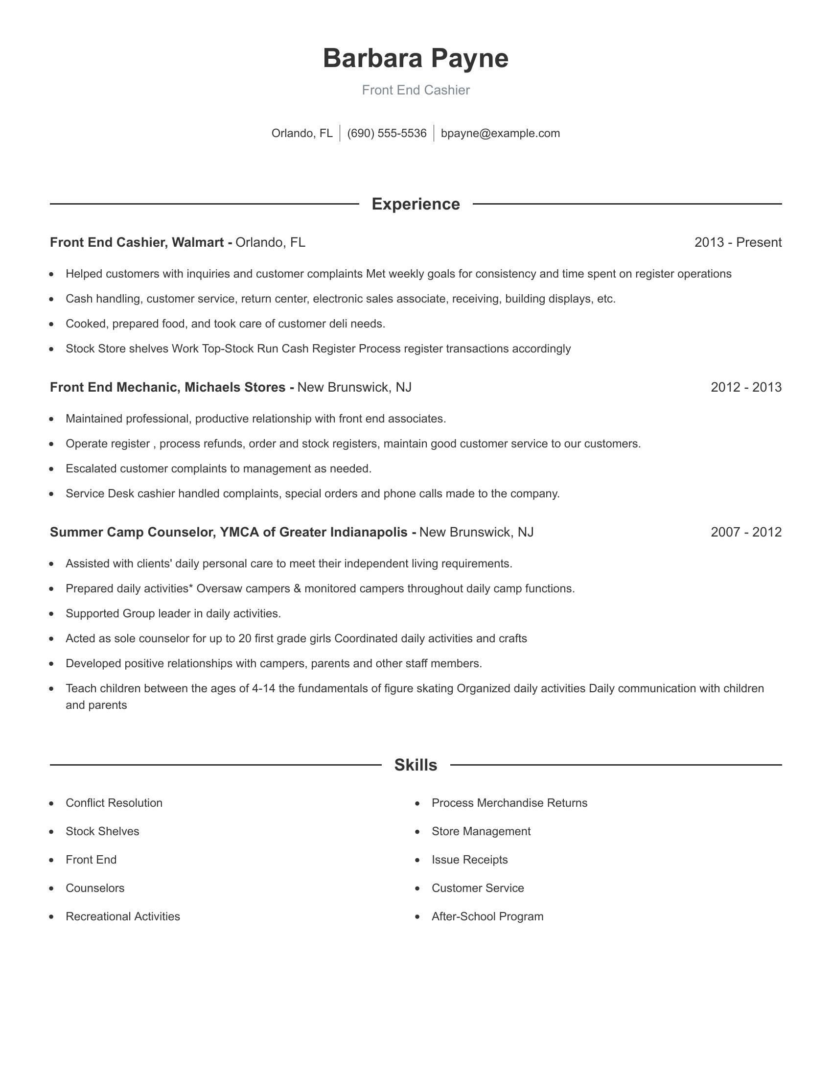 Front End Cashier resume example