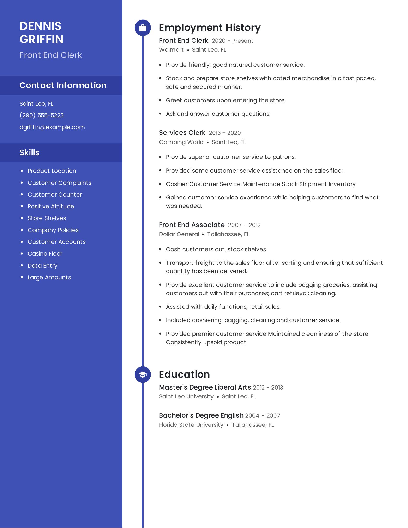 Front End Clerk resume example