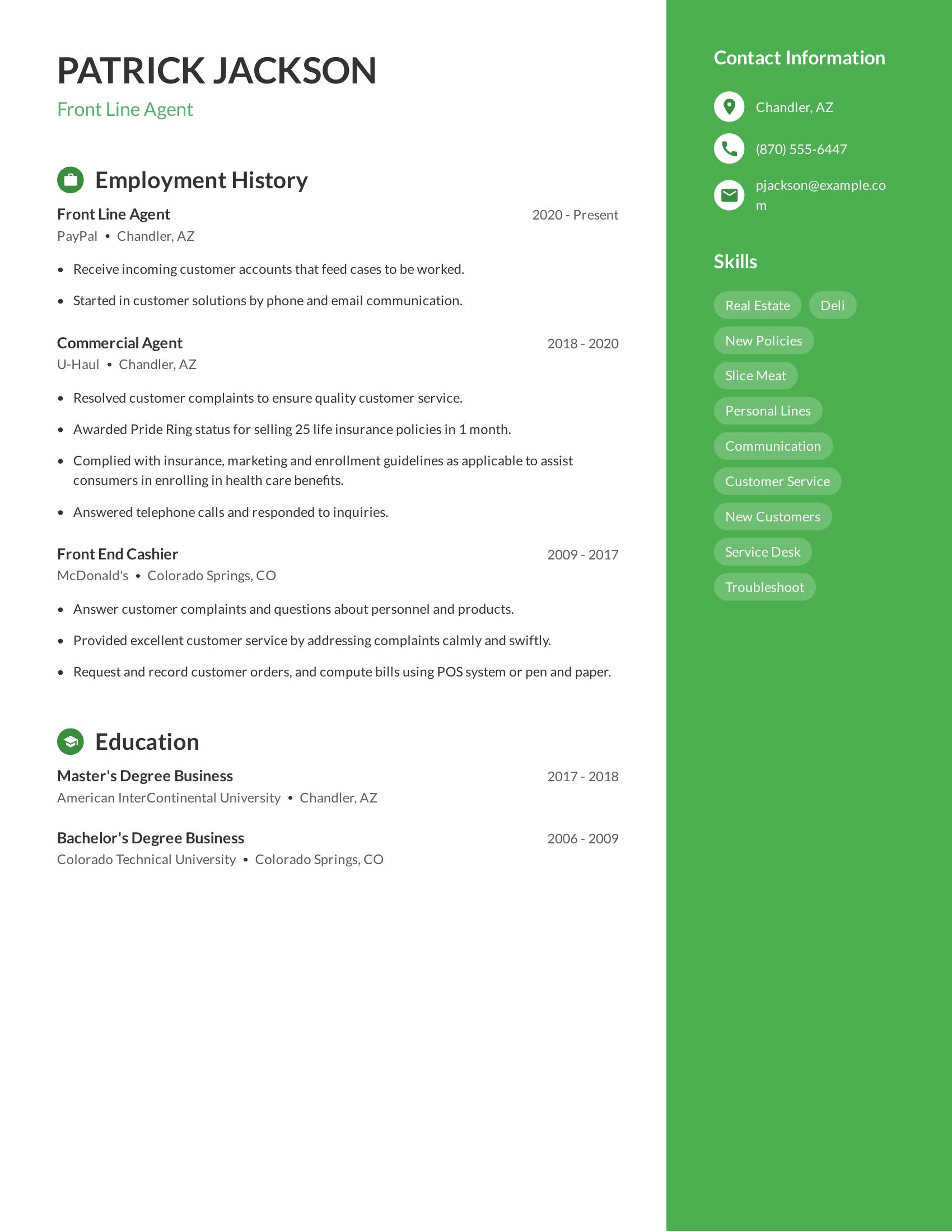 Front Line Agent resume example