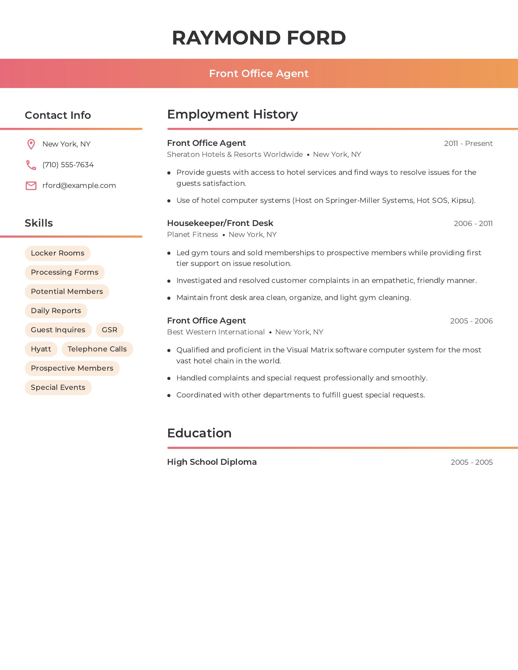 Front Office Agent resume example