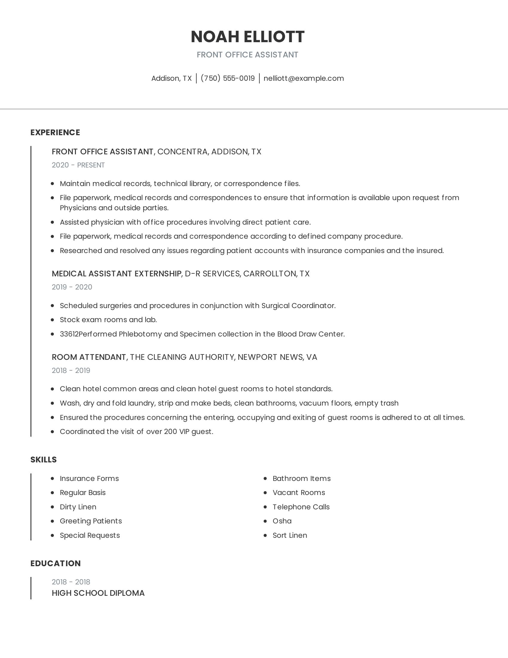 Front Office Assistant resume example