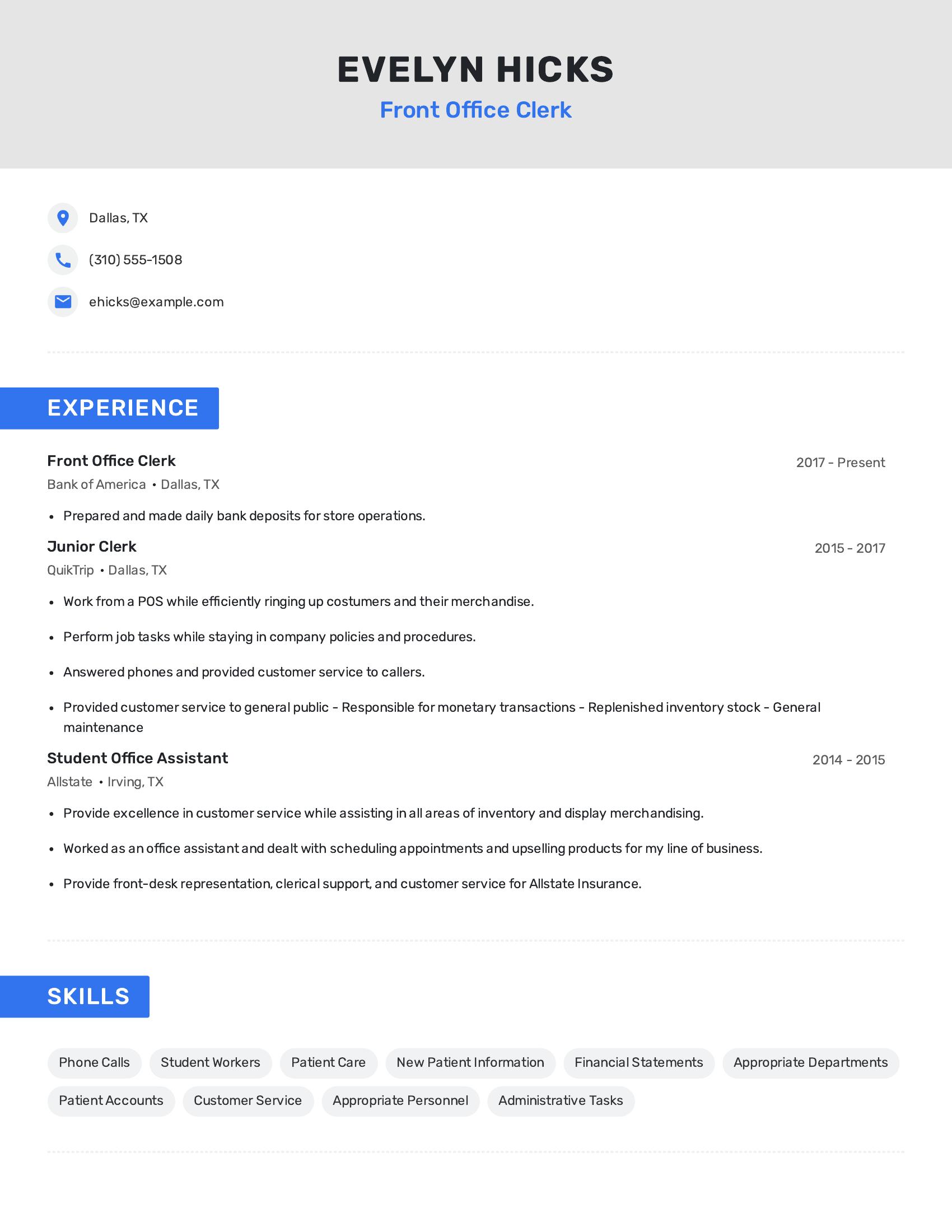 Front Office Clerk resume example