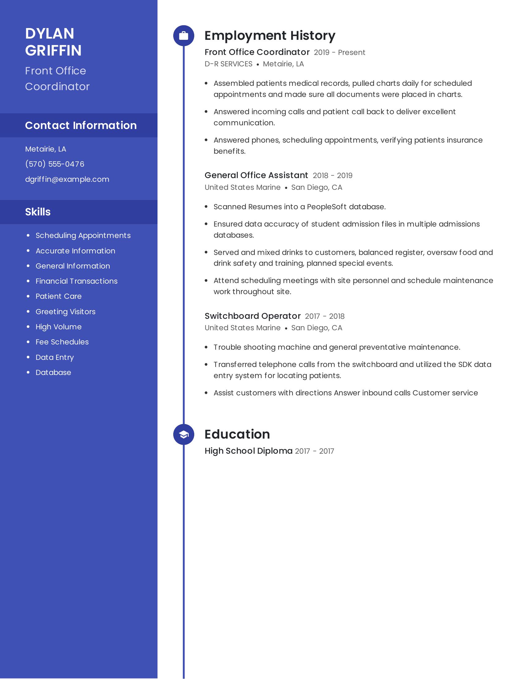 Front Office Coordinator resume example