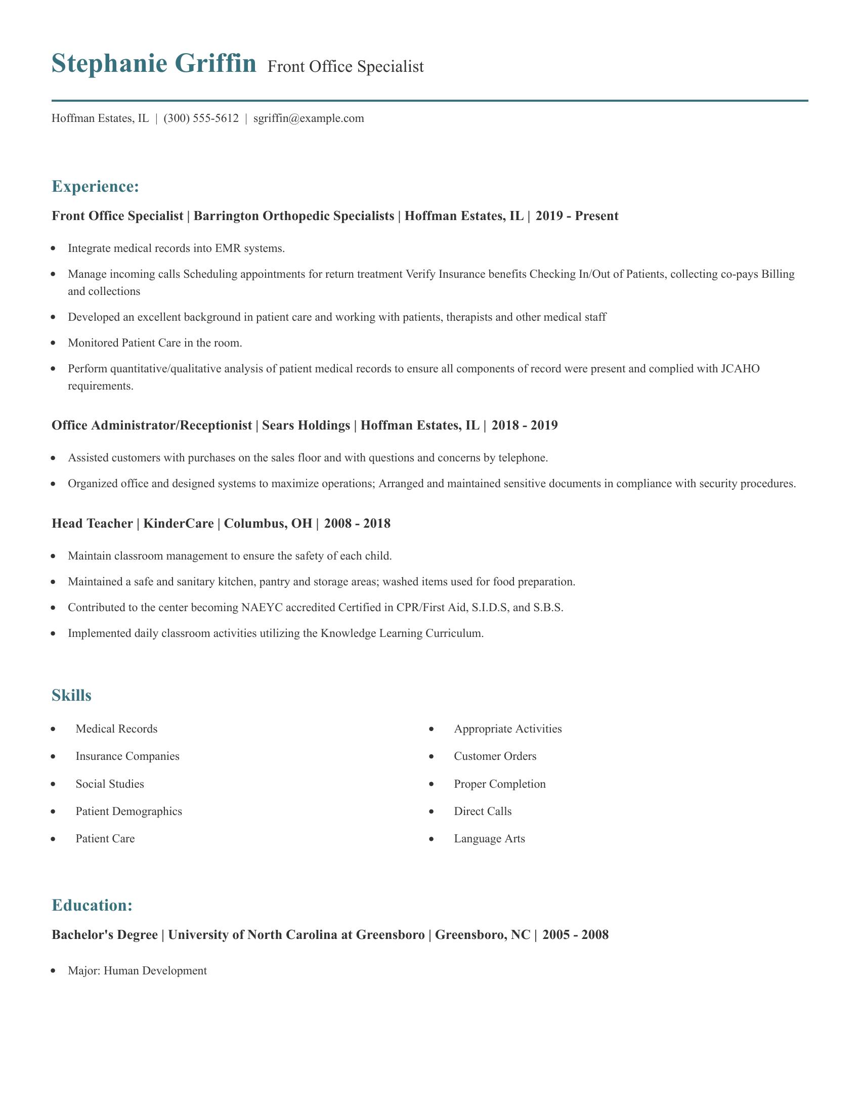 Front Office Specialist resume example