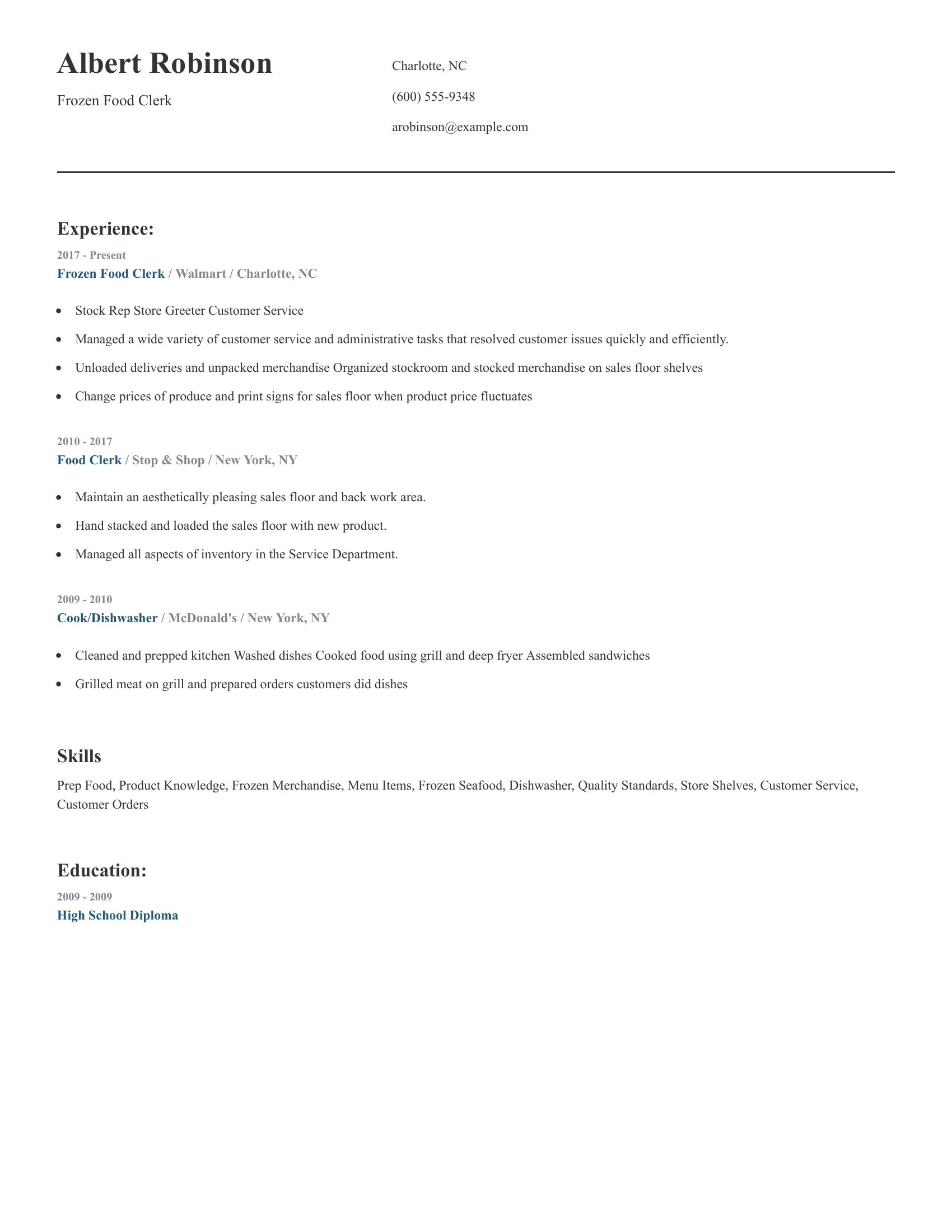 Frozen Food Clerk resume example