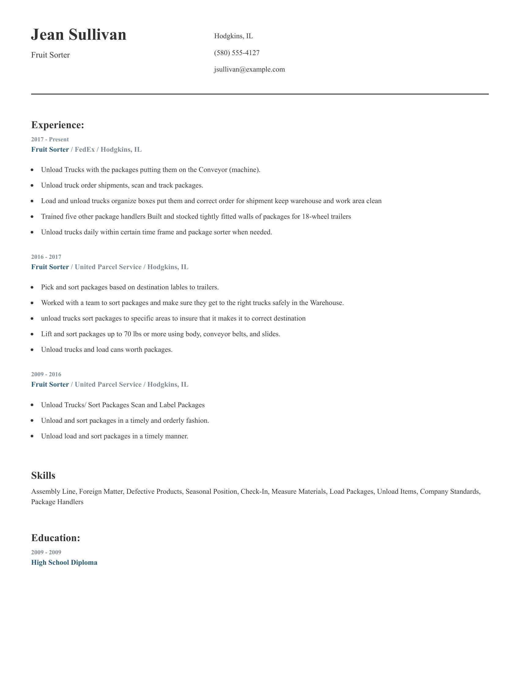 Fruit Sorter resume example