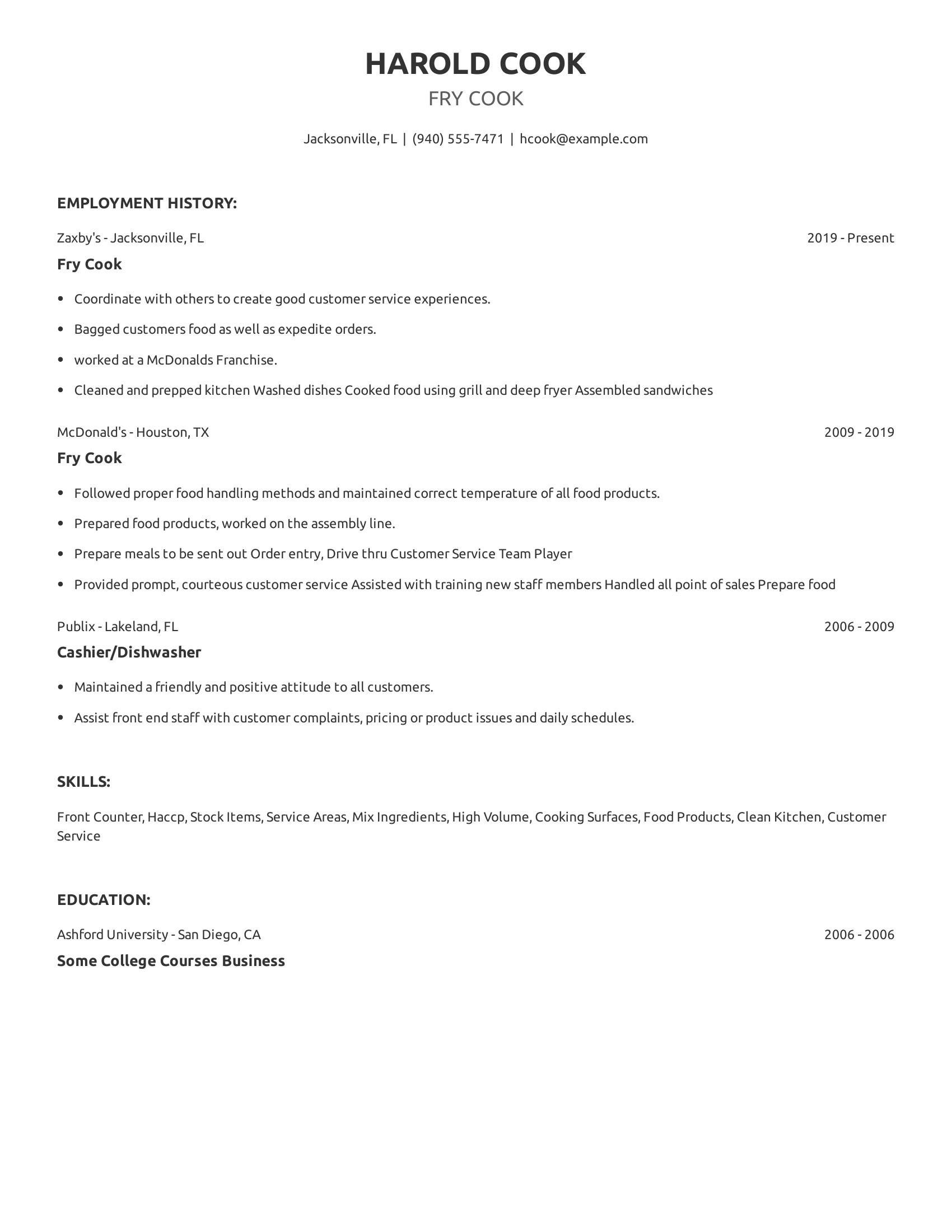 Fry Cook resume example