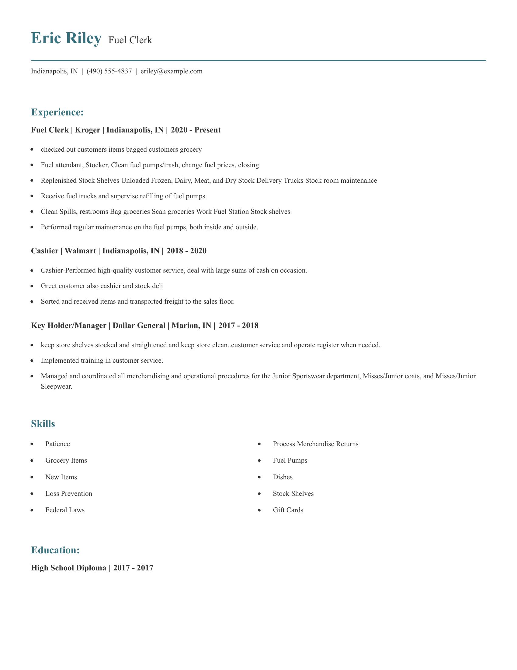 Fuel Clerk resume example