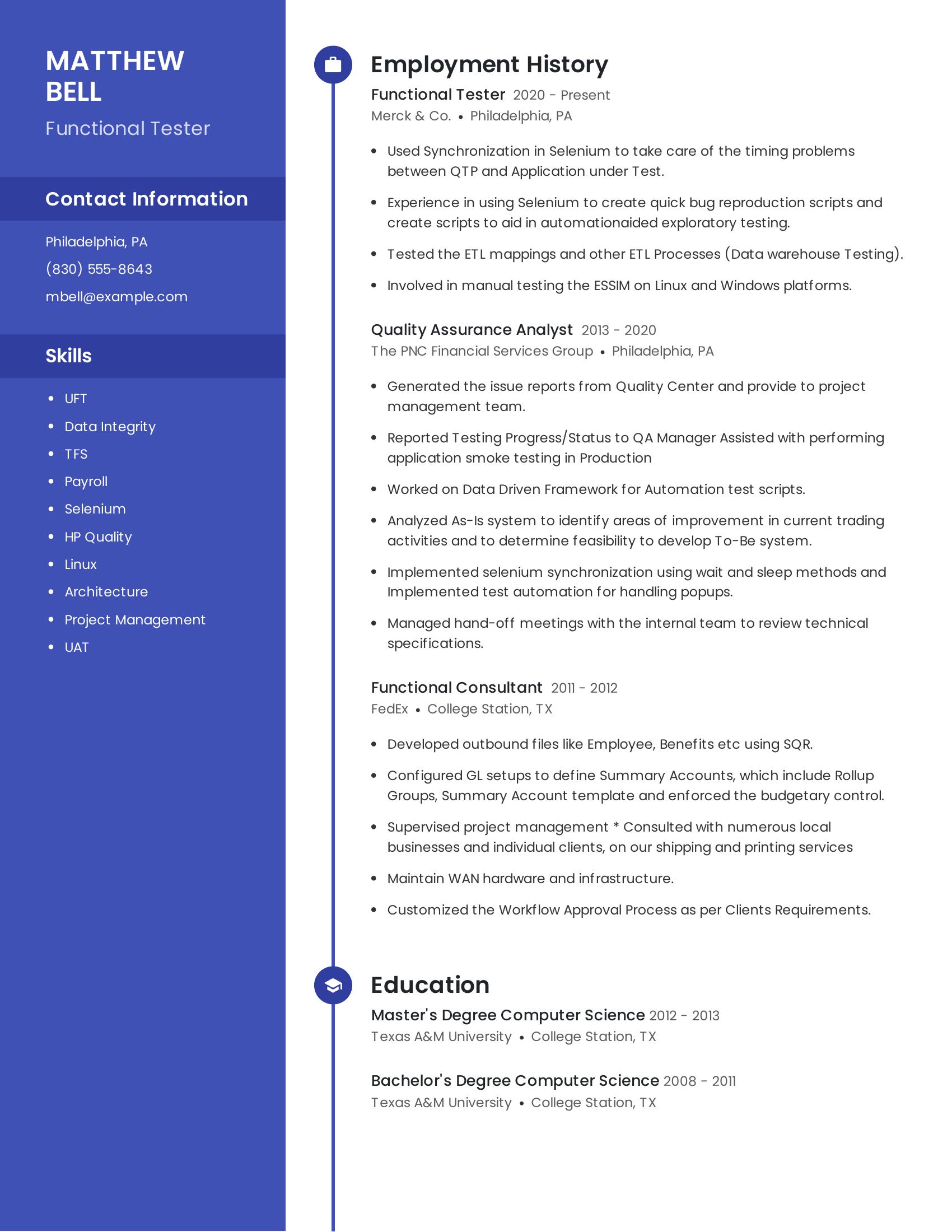 Functional Tester resume example