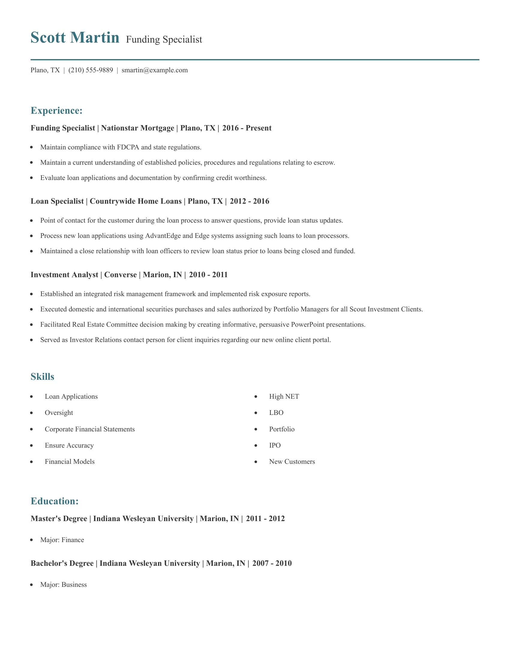 Funding Specialist resume example