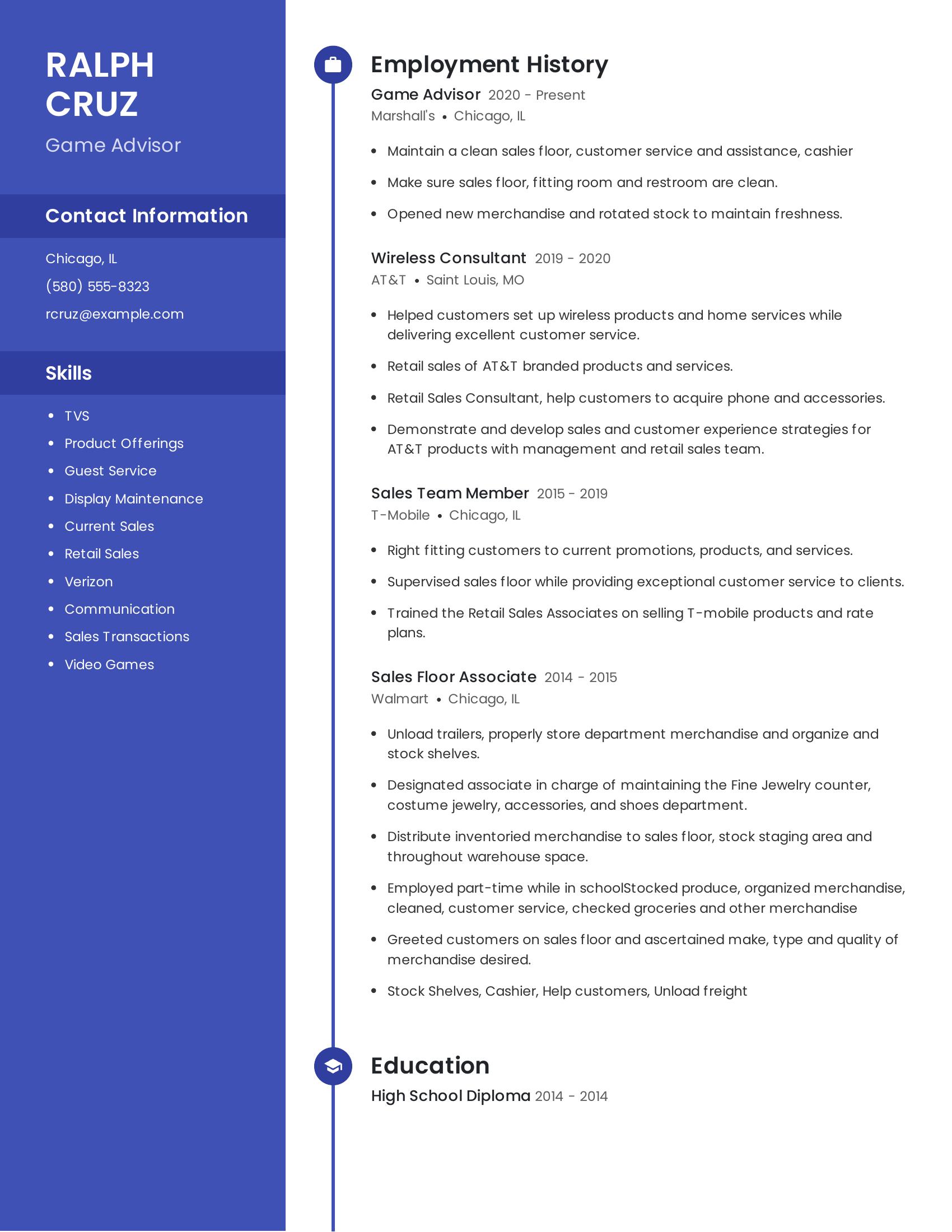 Game Advisor resume example